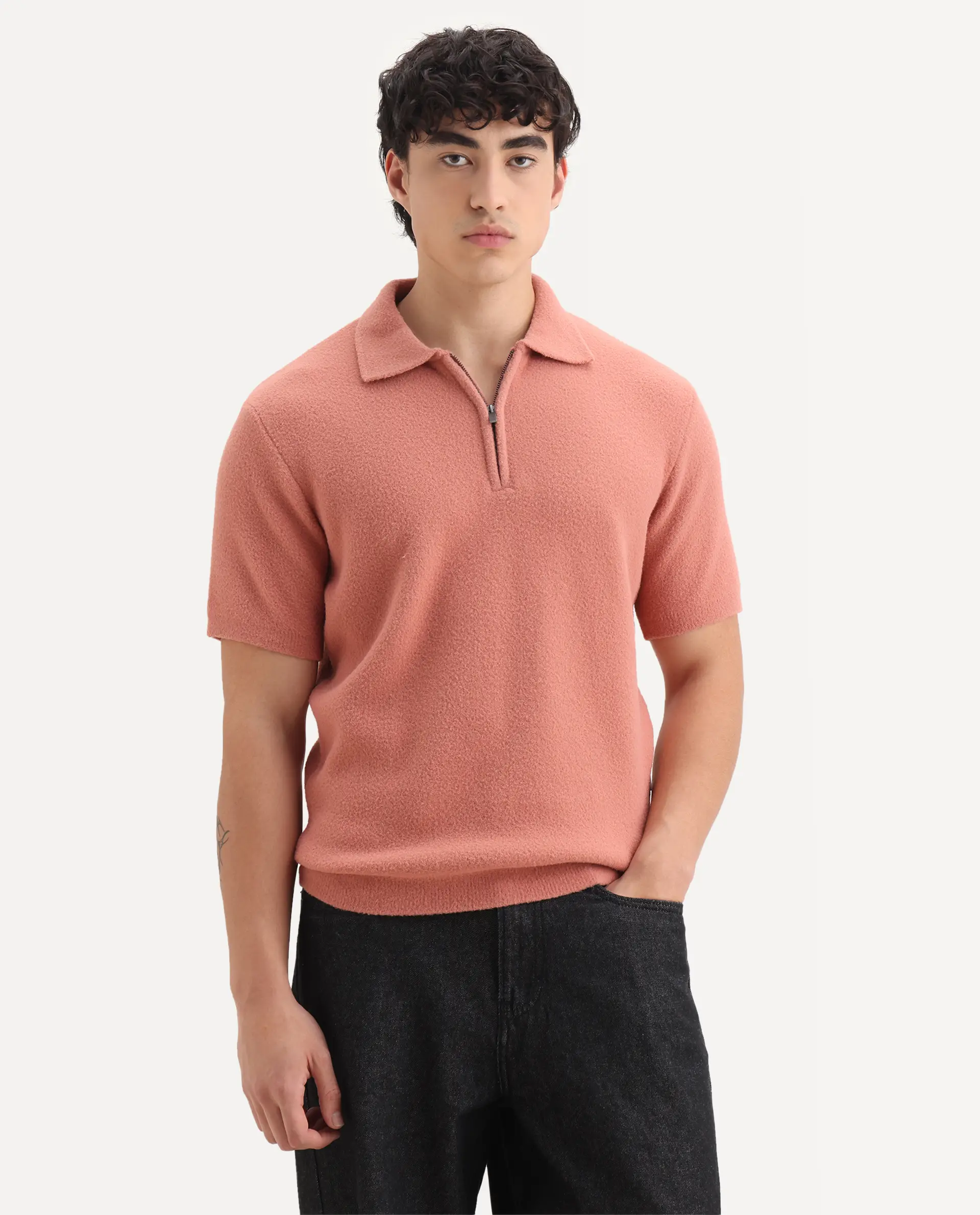 Rare Rabbit Men's Luco Orange Cotton Blend Fabric Collared Neck Regular Plain Polo - Image 5