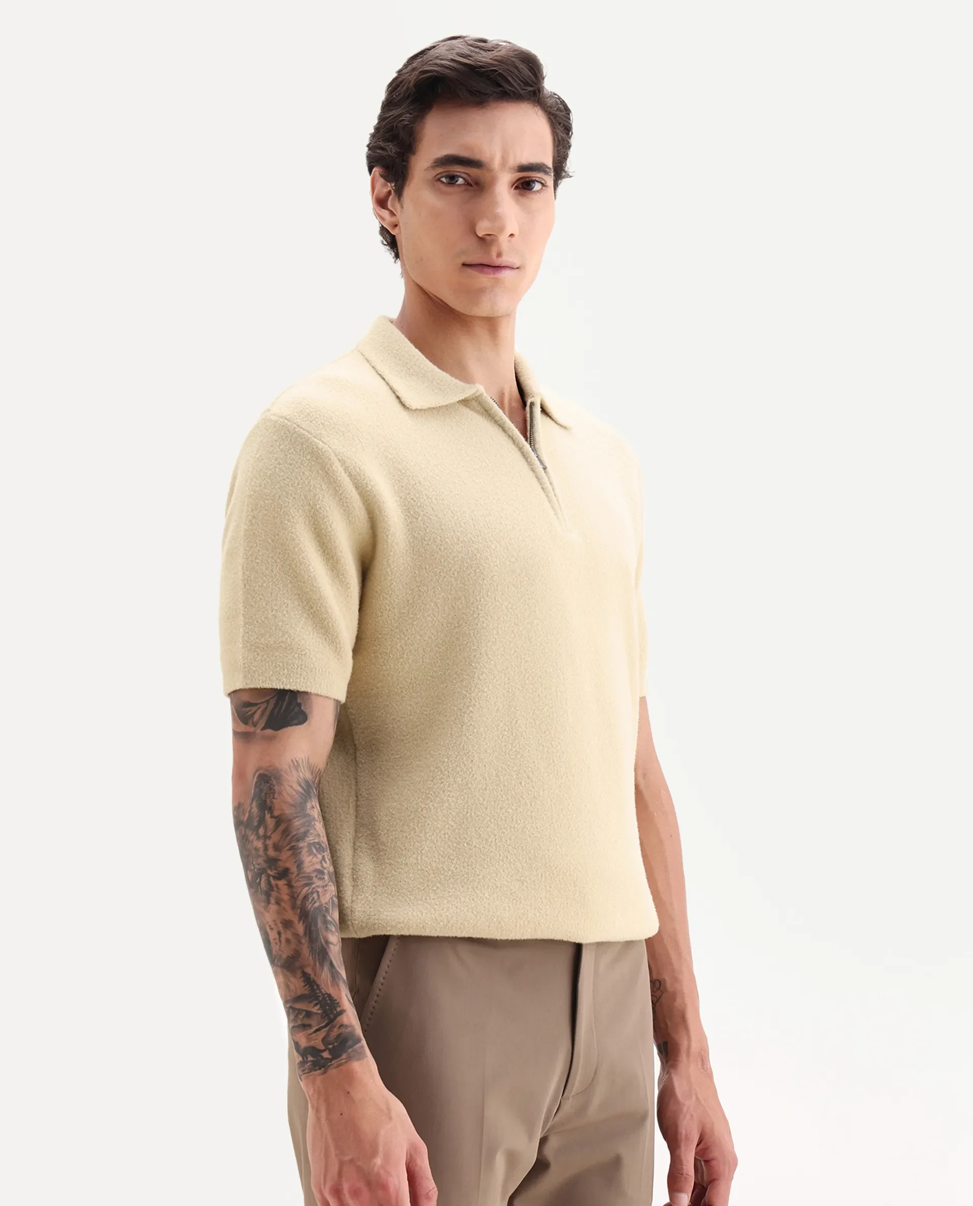 Rare Rabbit Men's Luco Yellow Cotton Blend Fabric Collared Neck Regular Plain Polo - Image 4