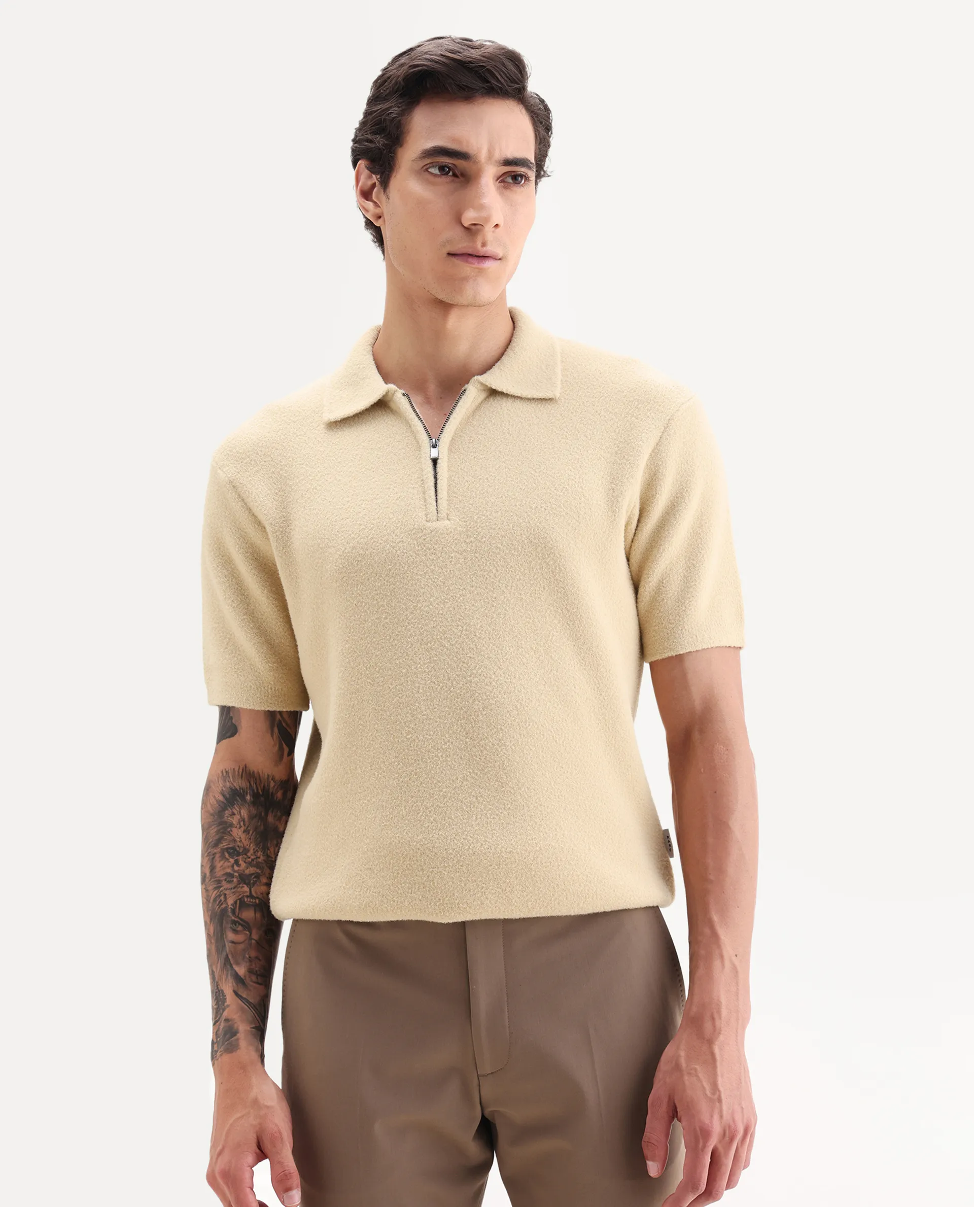 Rare Rabbit Men's Luco Yellow Cotton Blend Fabric Collared Neck Regular Plain Polo - Image 5