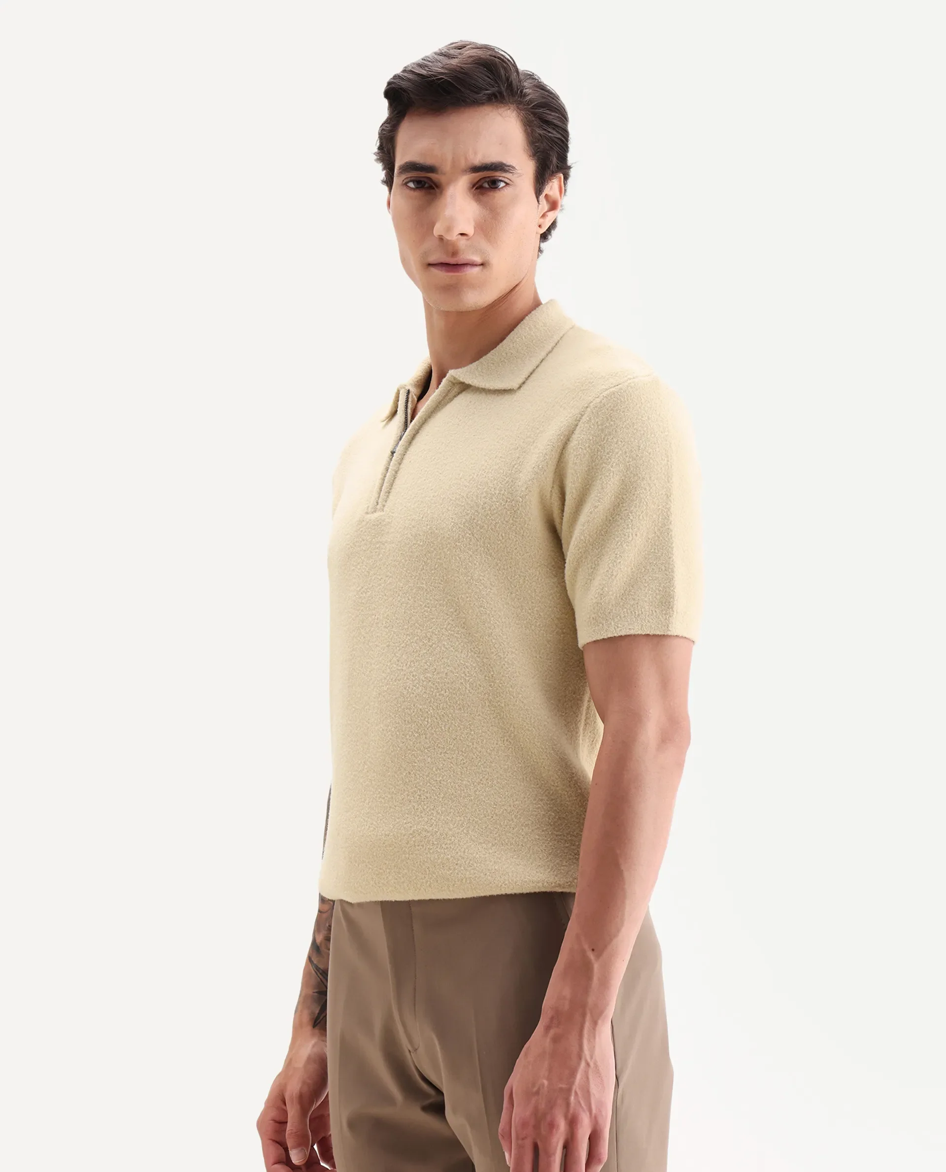 Rare Rabbit Men's Luco Yellow Cotton Blend Fabric Collared Neck Regular Plain Polo - Image 6