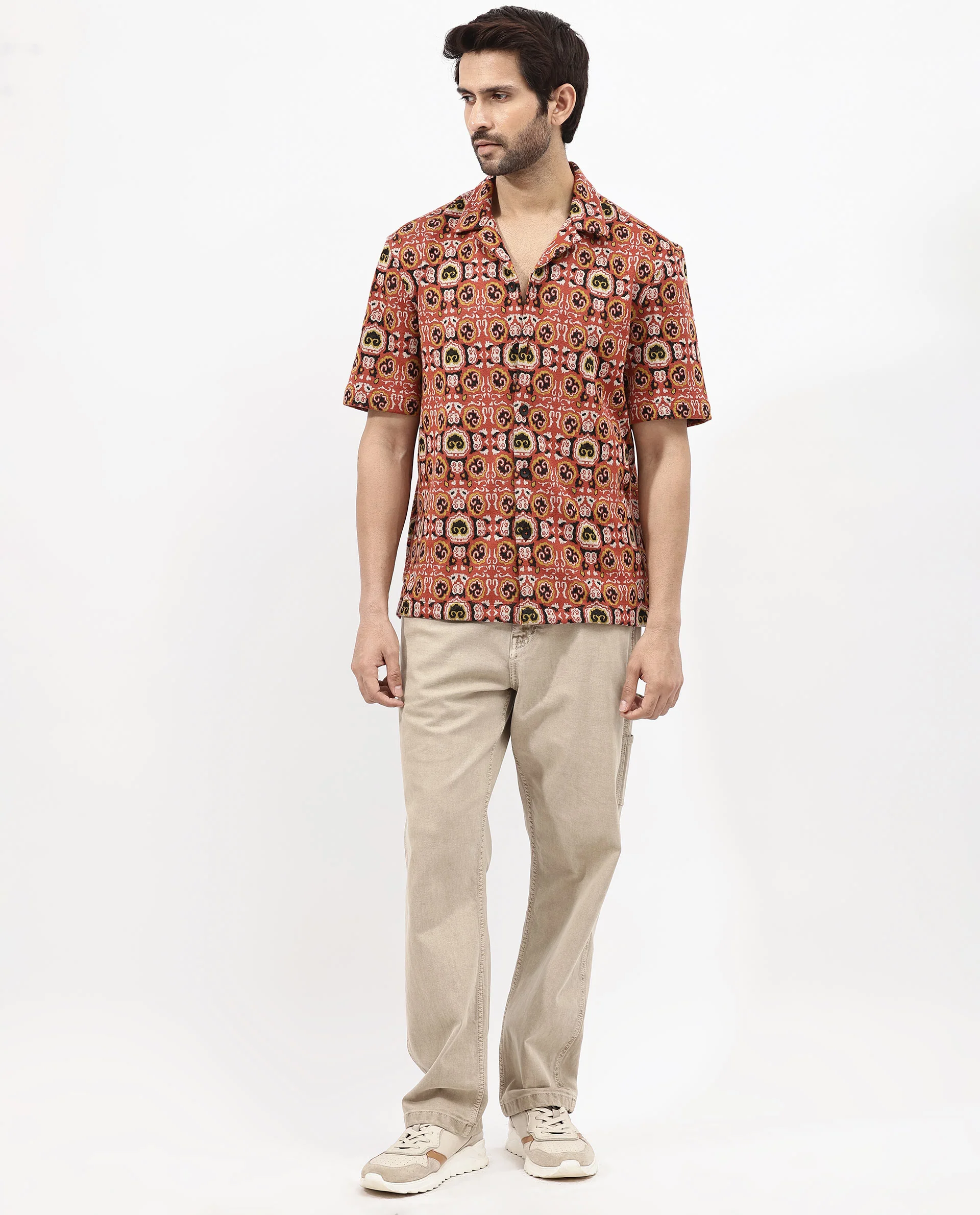 Rare Rabbit Men's Lueno Rust Cotton Jacquard Boxy Fit Half Sleeve Cuban Collar Shirt - Image 2