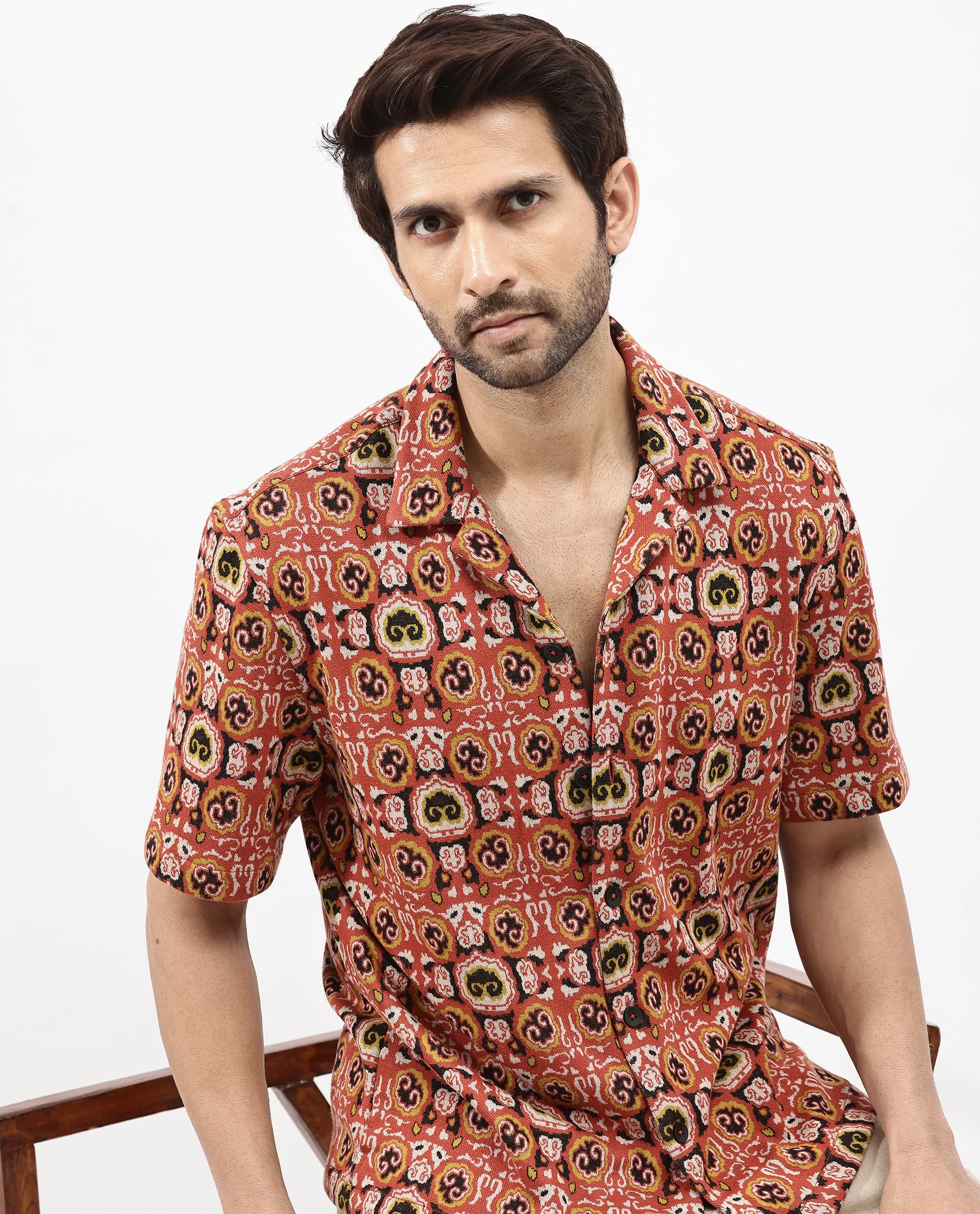 Rare Rabbit Men's Lueno Rust Cotton Jacquard Boxy Fit Half Sleeve Cuban Collar Shirt - Image 3