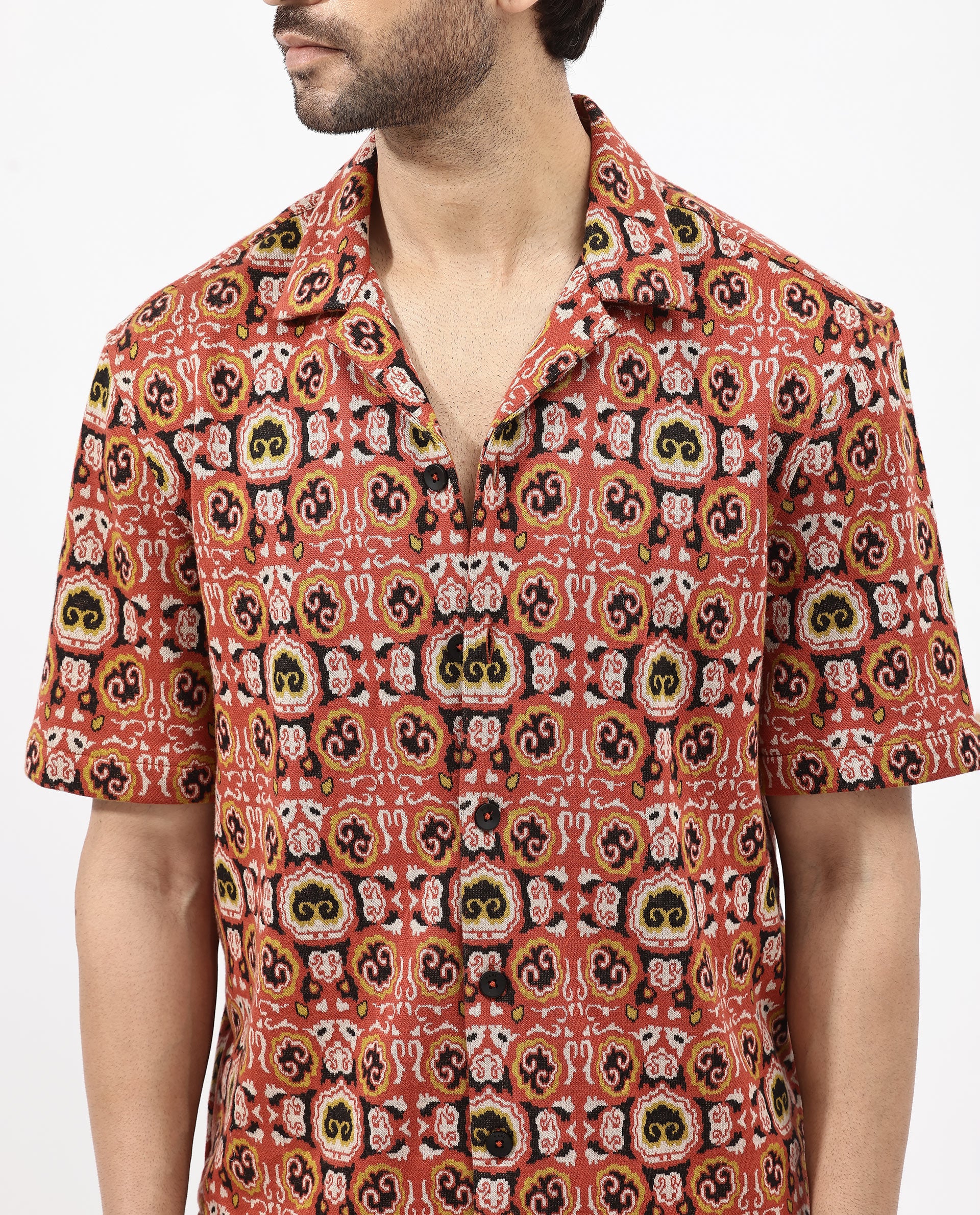 Rare Rabbit Men's Lueno Rust Cotton Jacquard Boxy Fit Half Sleeve Cuban Collar Shirt - Image 4