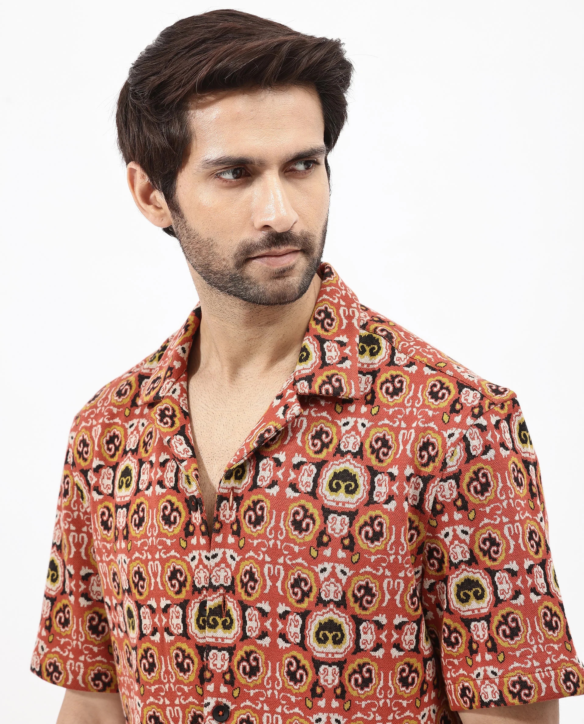 Rare Rabbit Men's Lueno Rust Cotton Jacquard Boxy Fit Half Sleeve Cuban Collar Shirt - Image 5