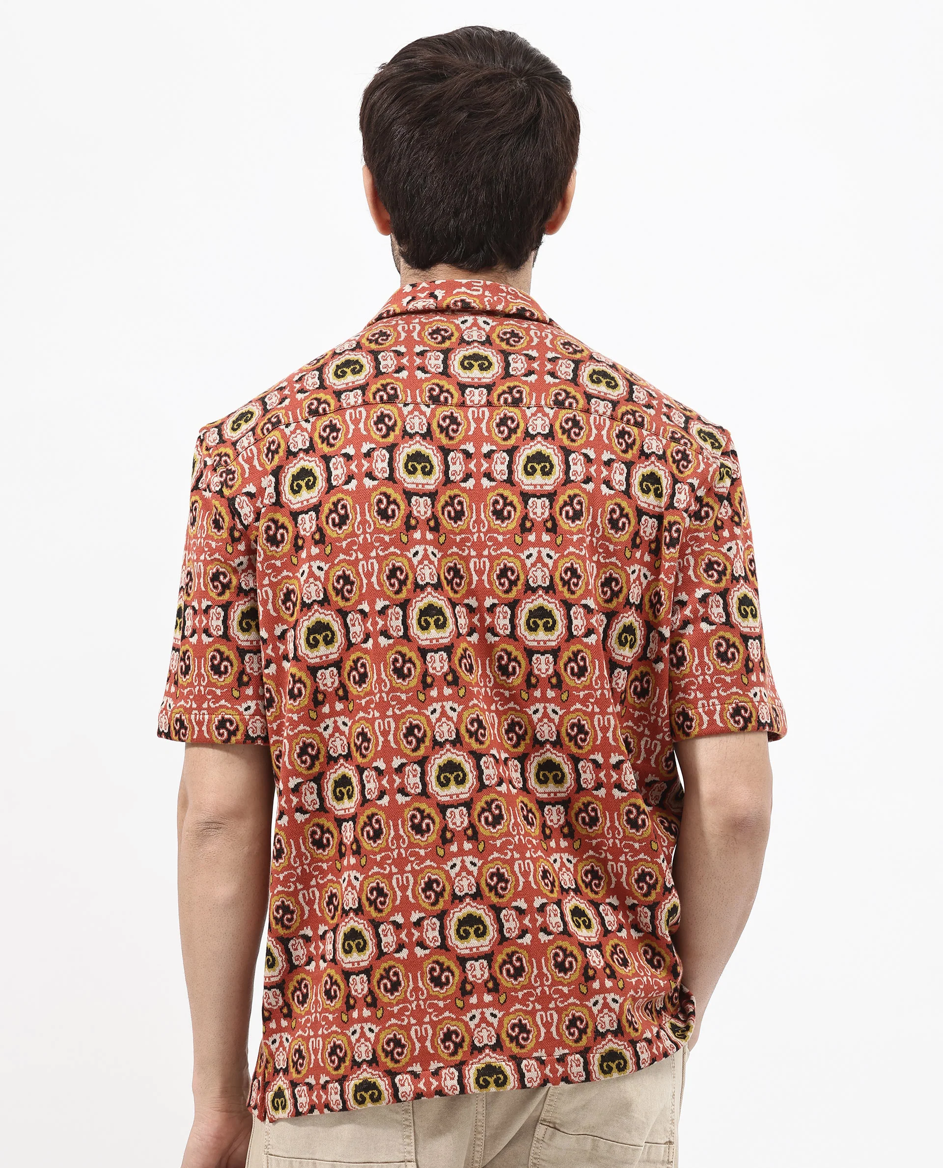 Rare Rabbit Men's Lueno Rust Cotton Jacquard Boxy Fit Half Sleeve Cuban Collar Shirt - Image 6