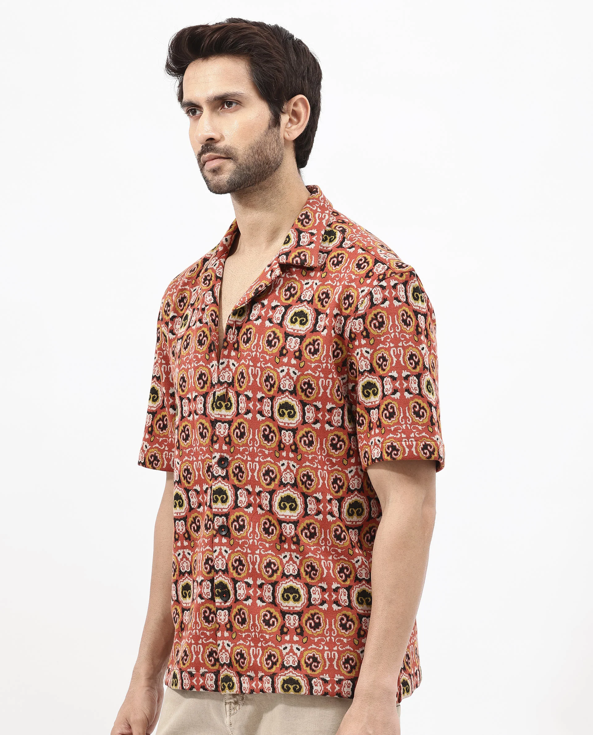 Rare Rabbit Men's Lueno Rust Cotton Jacquard Boxy Fit Half Sleeve Cuban Collar Shirt - Image 7