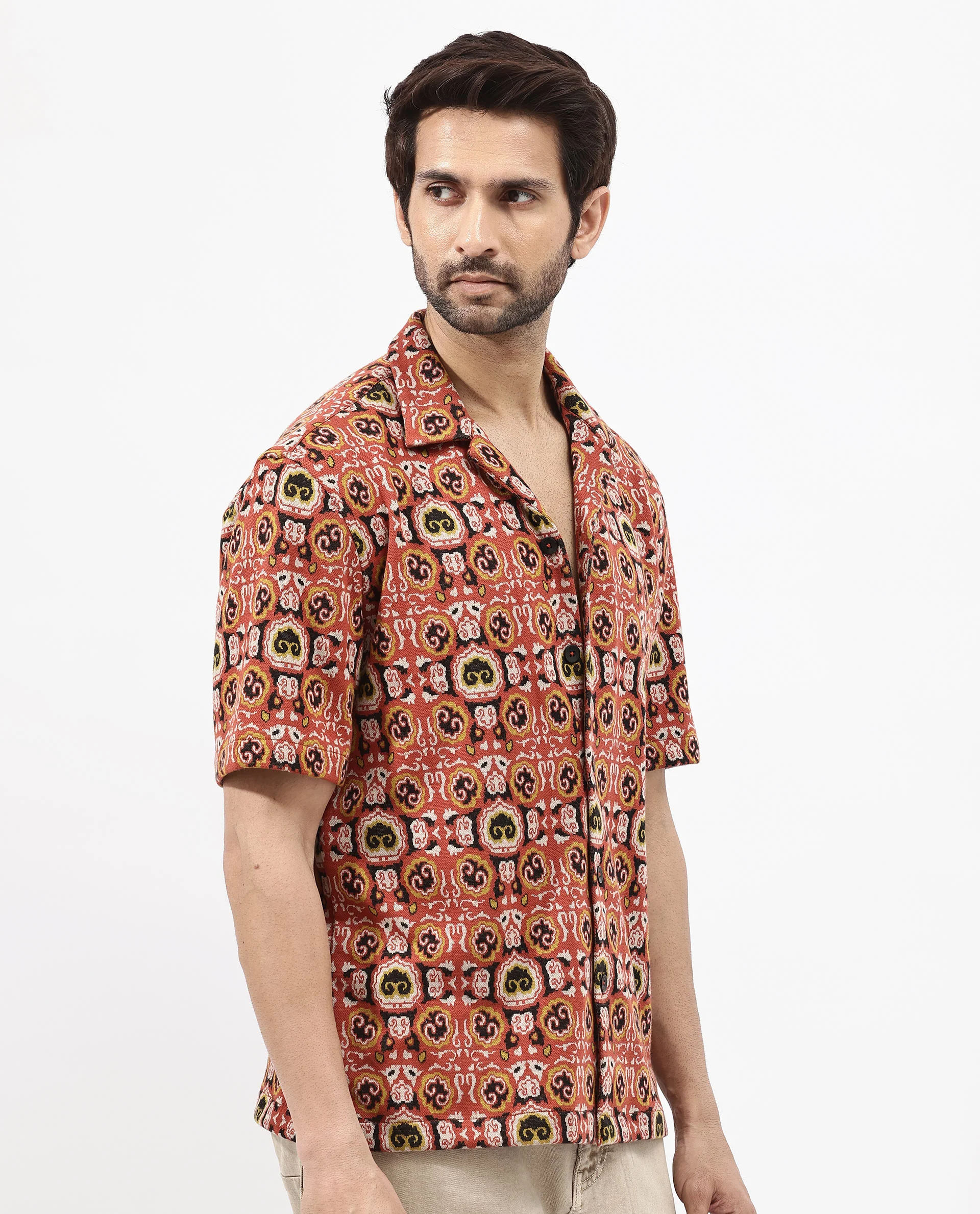 Rare Rabbit Men's Lueno Rust Cotton Jacquard Boxy Fit Half Sleeve Cuban Collar Shirt - Image 8
