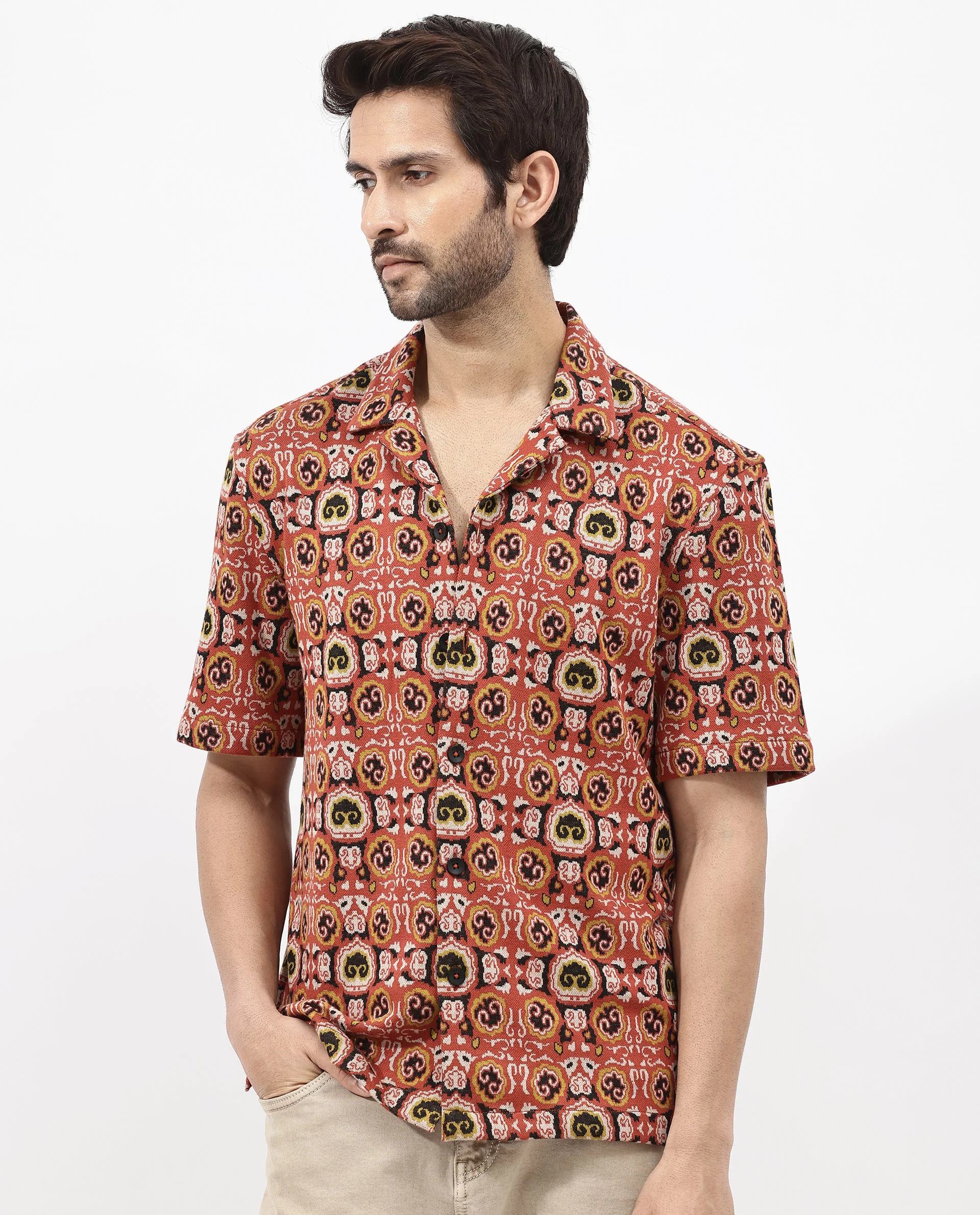 Rare Rabbit Men's Lueno Rust Cotton Jacquard Boxy Fit Half Sleeve Cuban Collar Shirt - Image 9