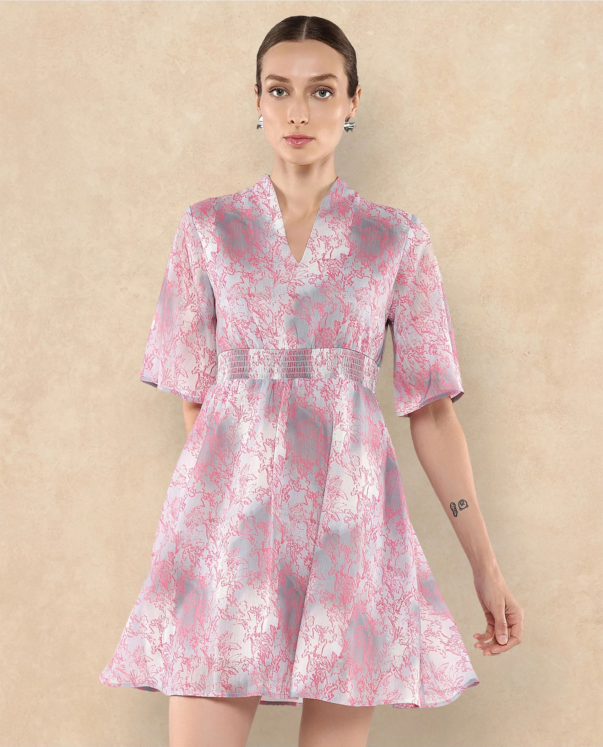 Rareism Women's Luffy Grey Satin Built-Up Neck Abstract Print Flared Sleeve Knee Length Fit And Flare Dress - Image 3