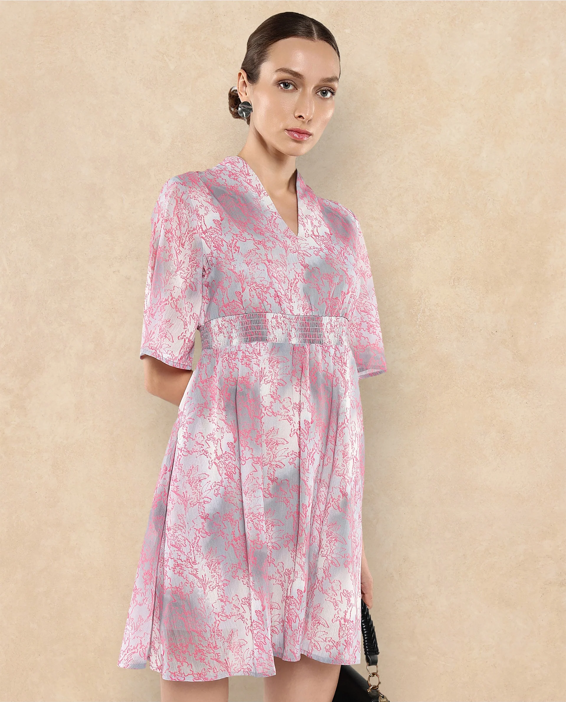 Rareism Women's Luffy Grey Satin Built-Up Neck Abstract Print Flared Sleeve Knee Length Fit And Flare Dress - Image 4