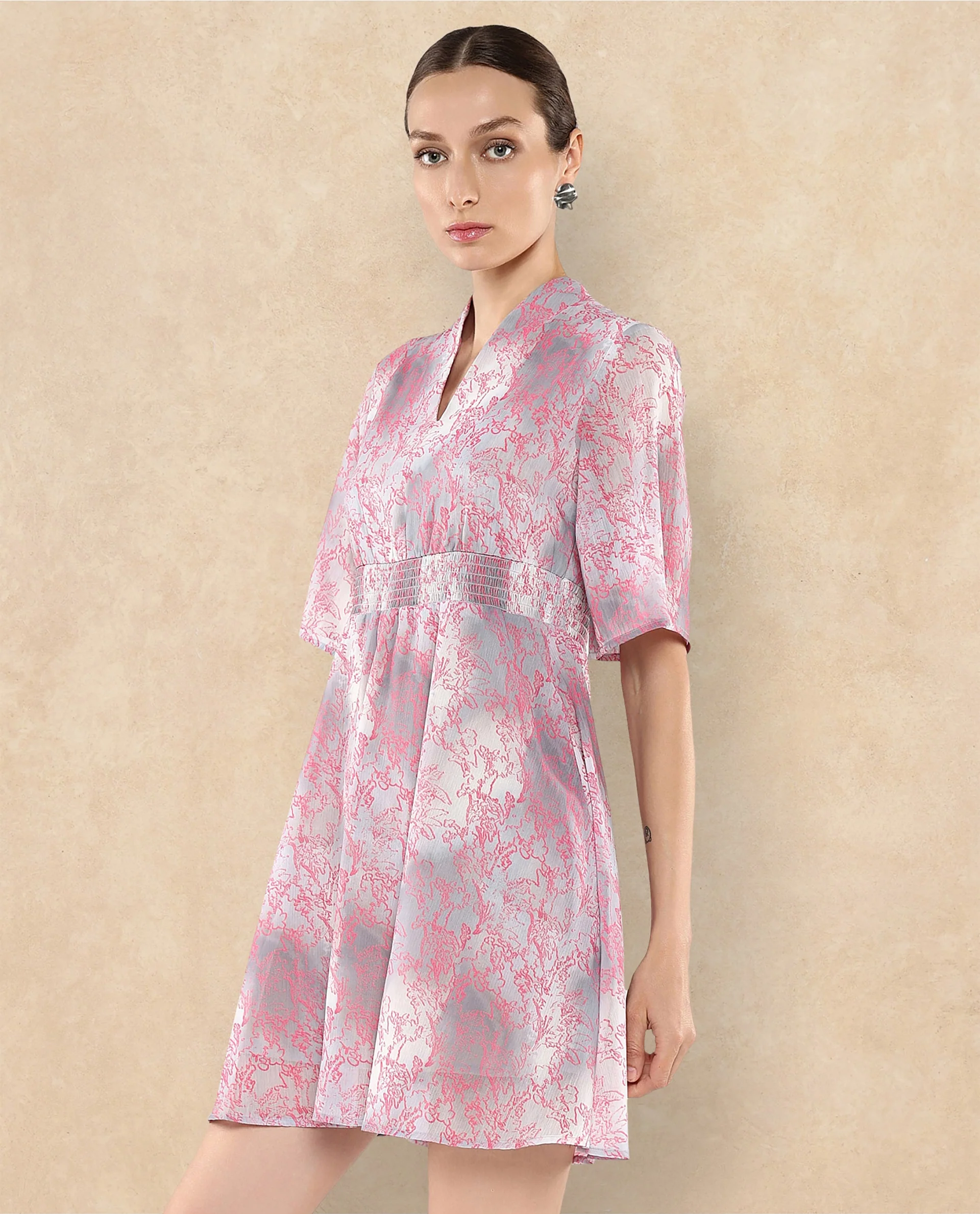 Rareism Women's Luffy Grey Satin Built-Up Neck Abstract Print Flared Sleeve Knee Length Fit And Flare Dress - Image 5