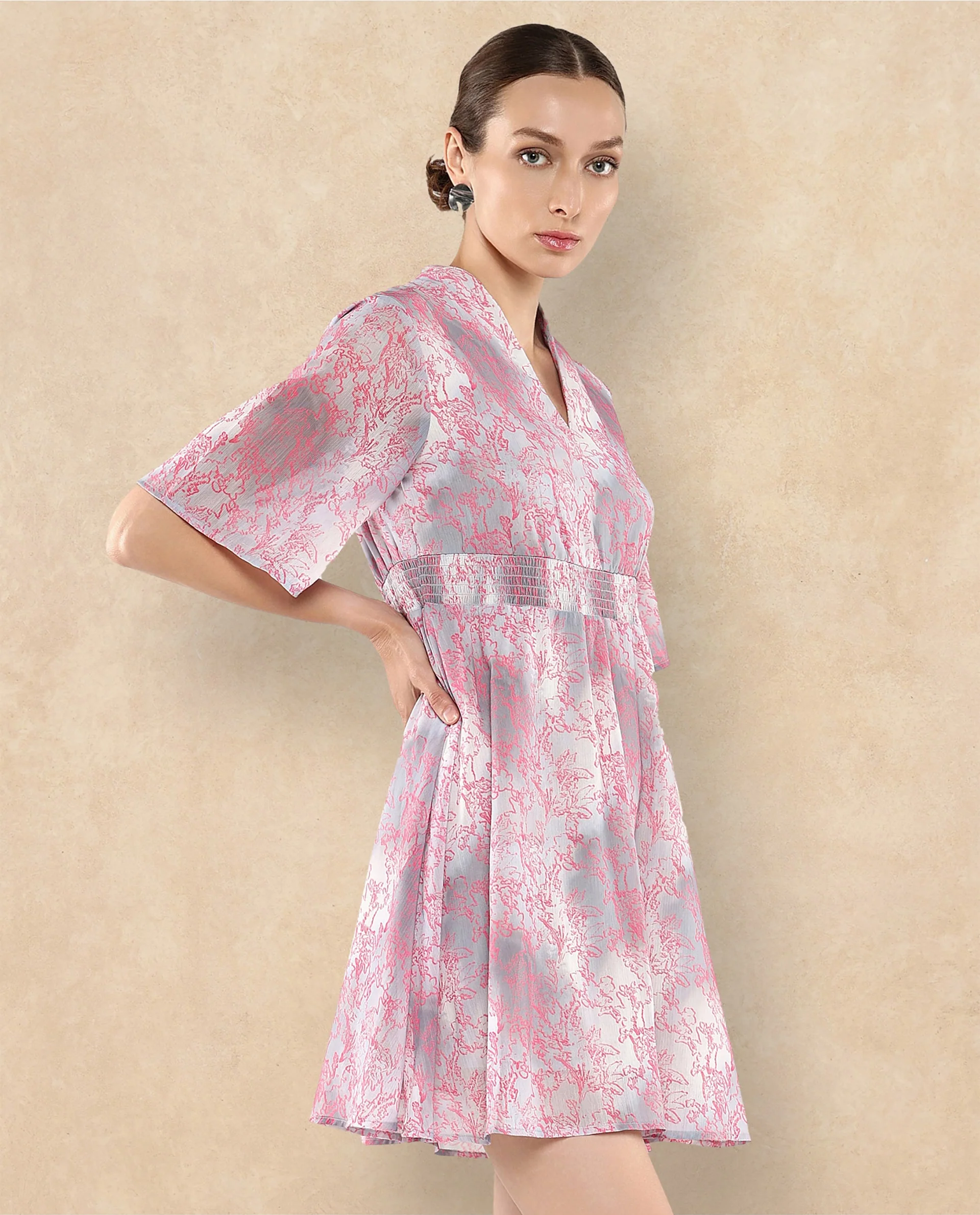 Rareism Women's Luffy Grey Satin Built-Up Neck Abstract Print Flared Sleeve Knee Length Fit And Flare Dress - Image 6