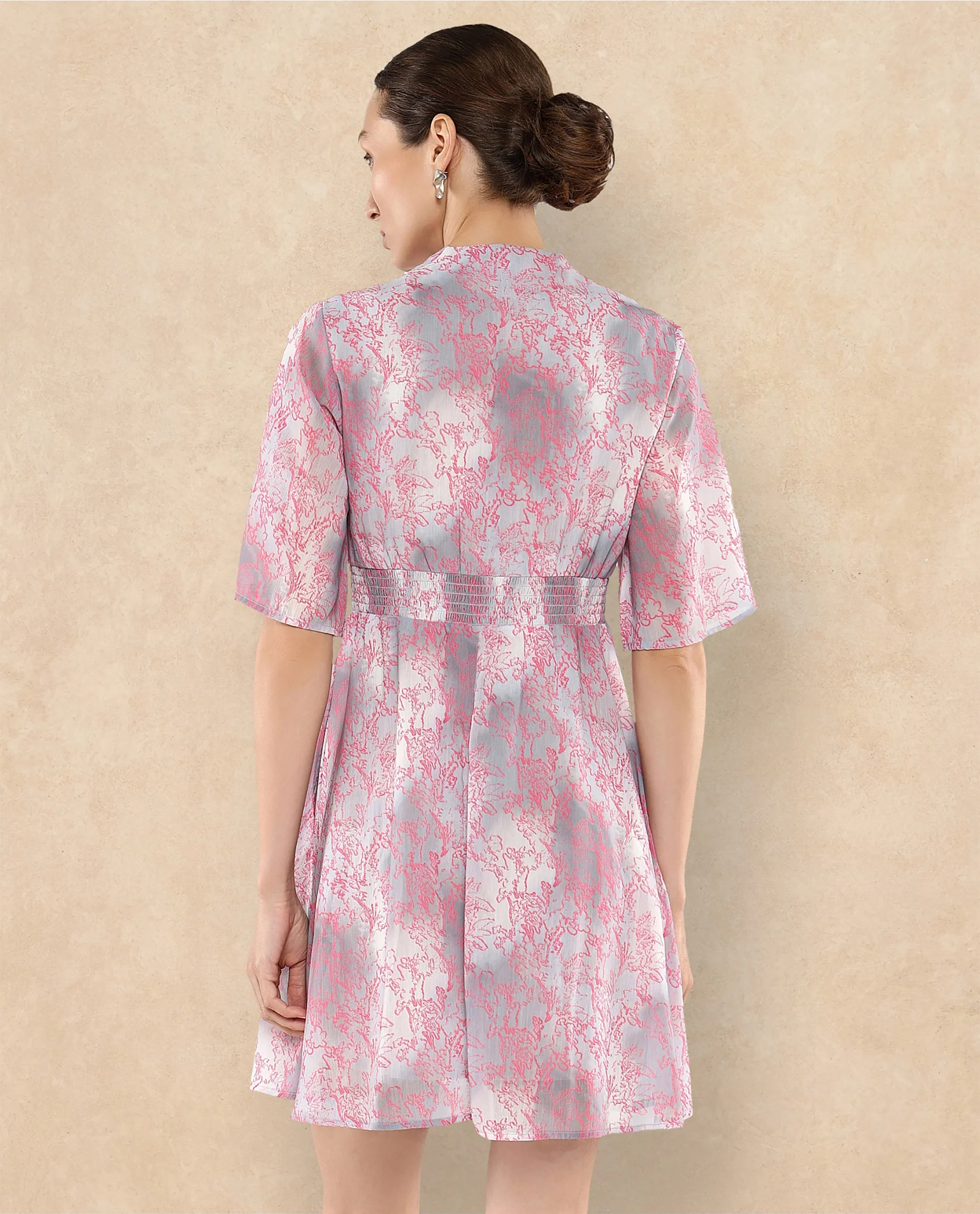 Rareism Women's Luffy Grey Satin Built-Up Neck Abstract Print Flared Sleeve Knee Length Fit And Flare Dress - Image 7