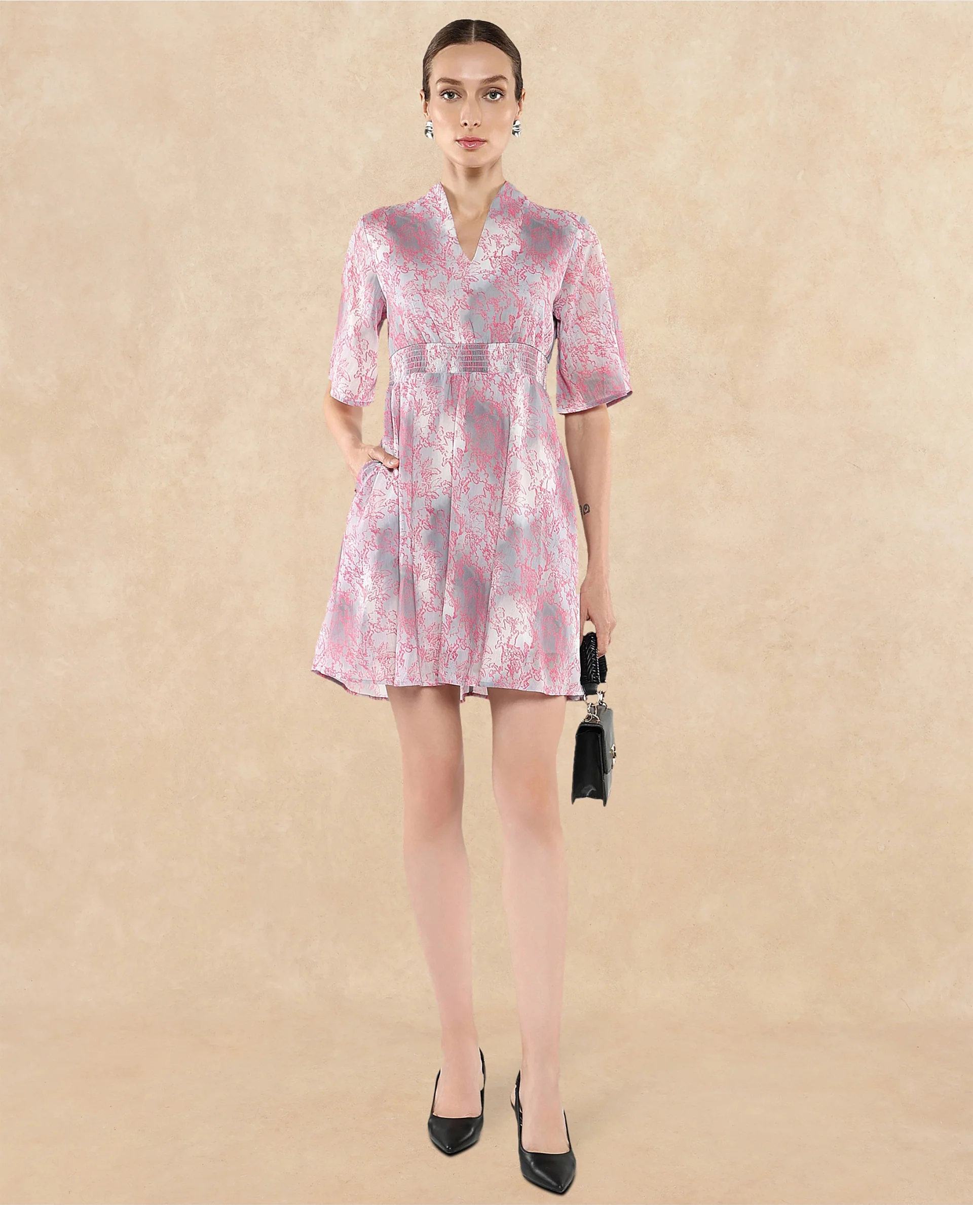 Rareism Women's Luffy Grey Satin Built-Up Neck Abstract Print Flared Sleeve Knee Length Fit And Flare Dress - Image 9