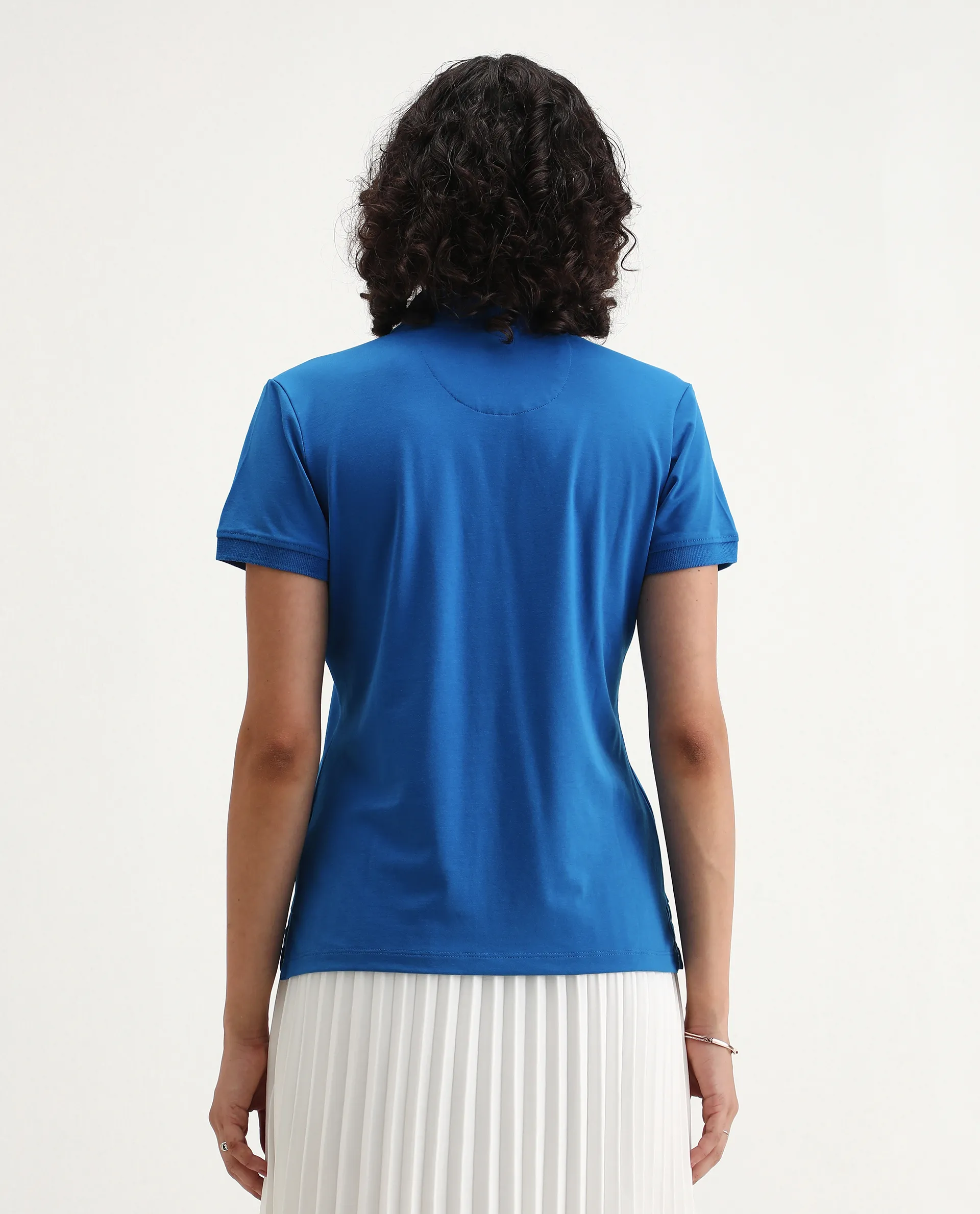 Rareism Women's Lugano Blue Cotton Blend Polo Neck Plain Regular Fit Polo - Image 3