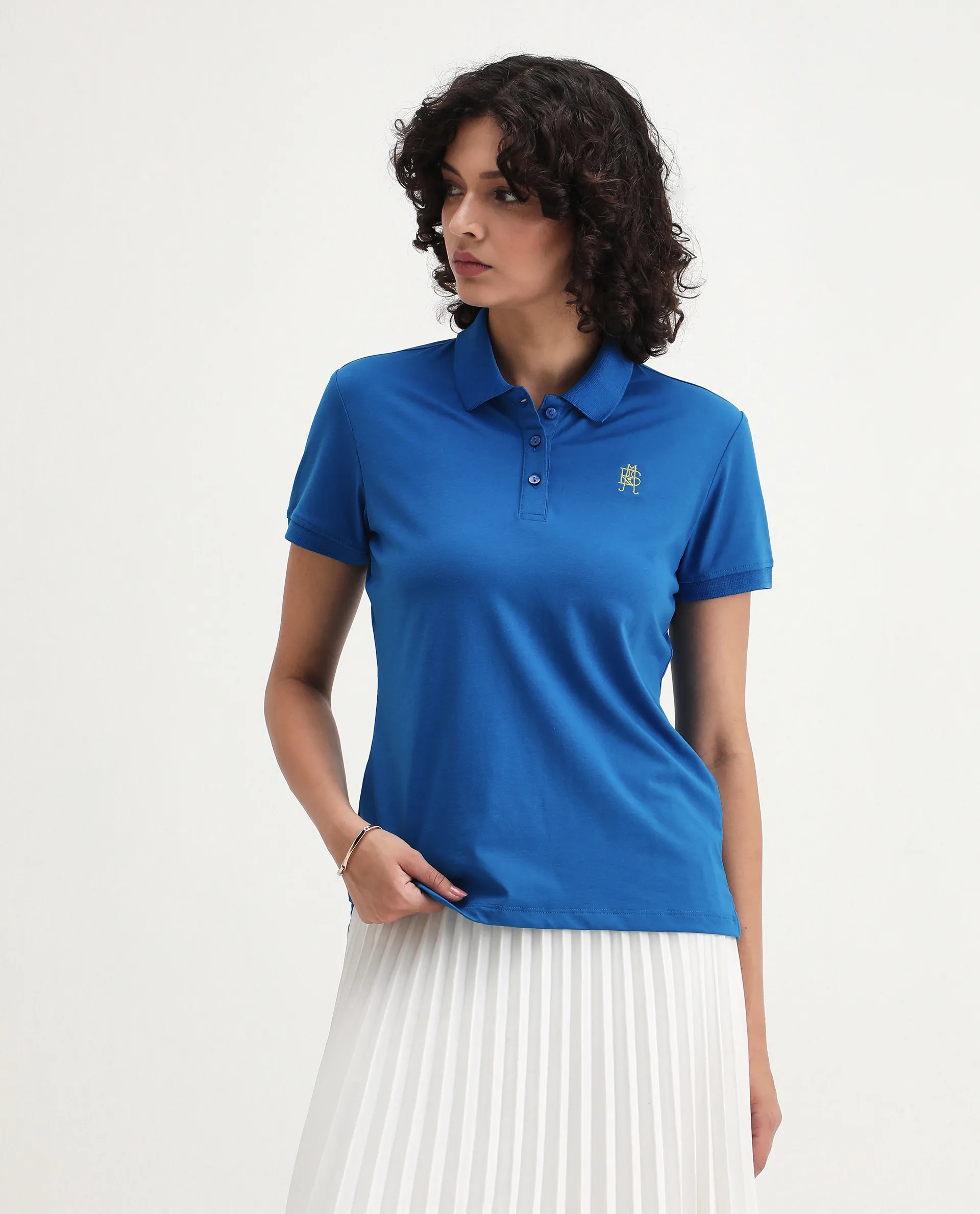Rareism Women's Lugano Blue Cotton Blend Polo Neck Plain Regular Fit Polo - Image 4