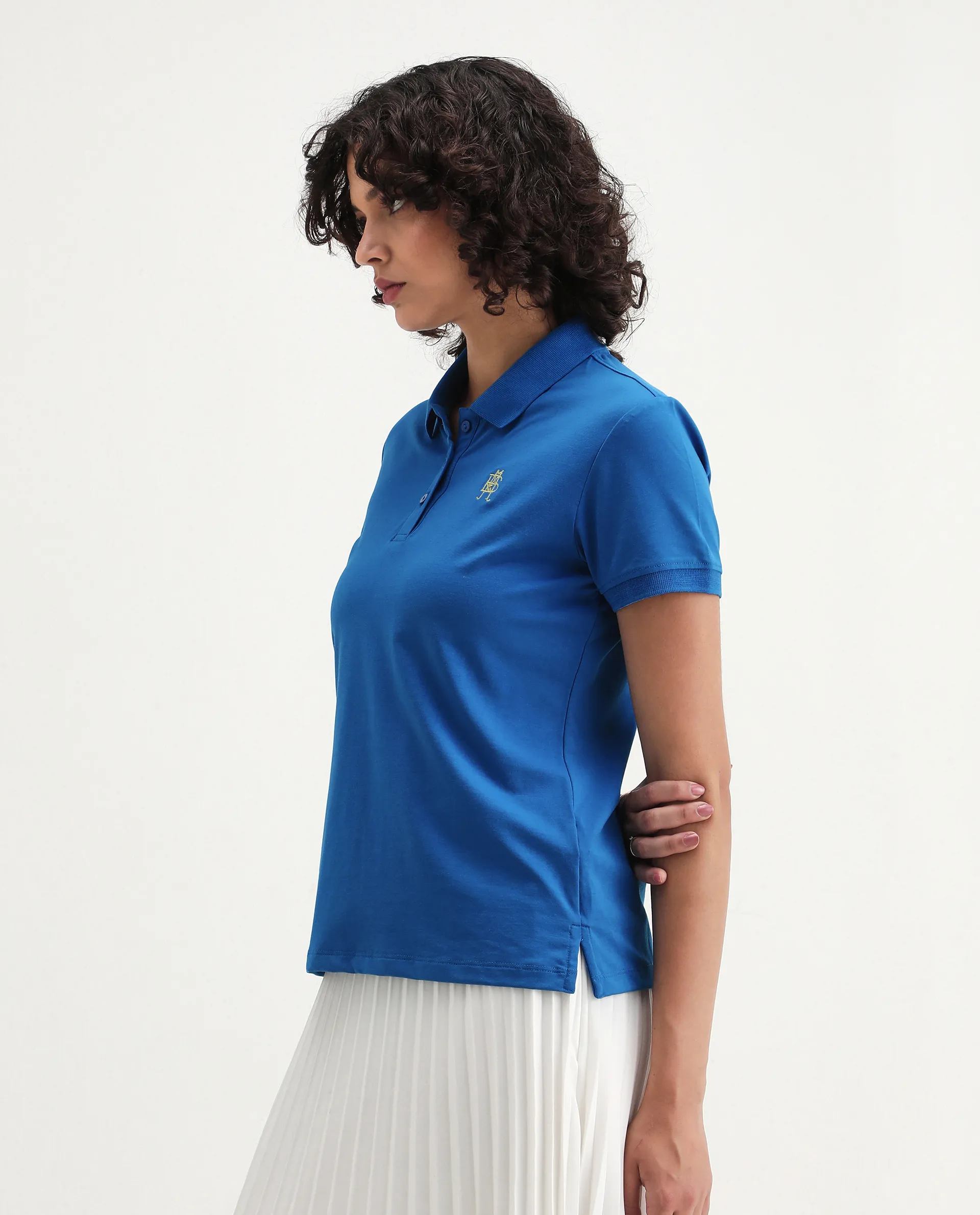 Rareism Women's Lugano Blue Cotton Blend Polo Neck Plain Regular Fit Polo - Image 6