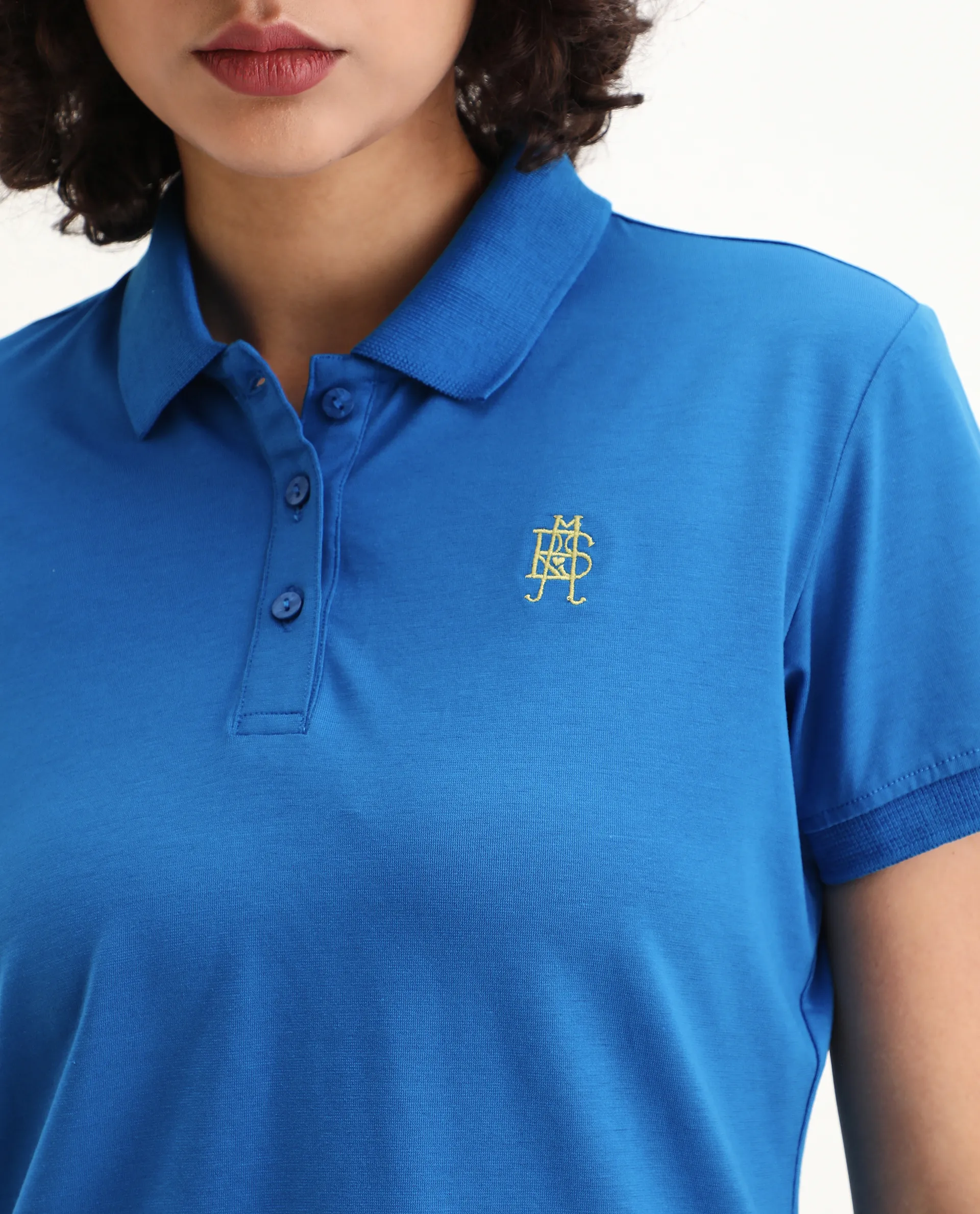 Rareism Women's Lugano Blue Cotton Blend Polo Neck Plain Regular Fit Polo - Image 7