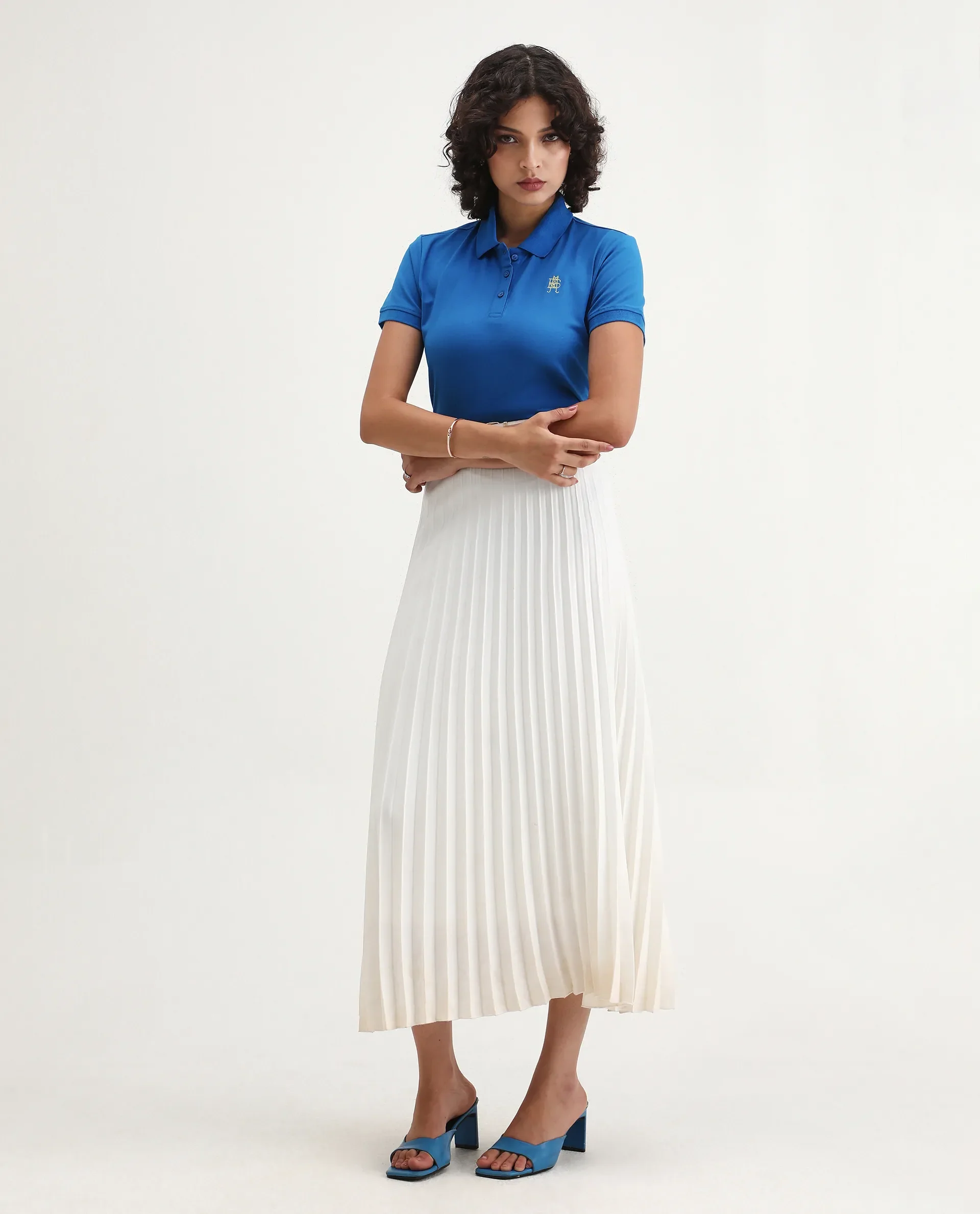 Rareism Women's Lugano Blue Cotton Blend Polo Neck Plain Regular Fit Polo - Image 8