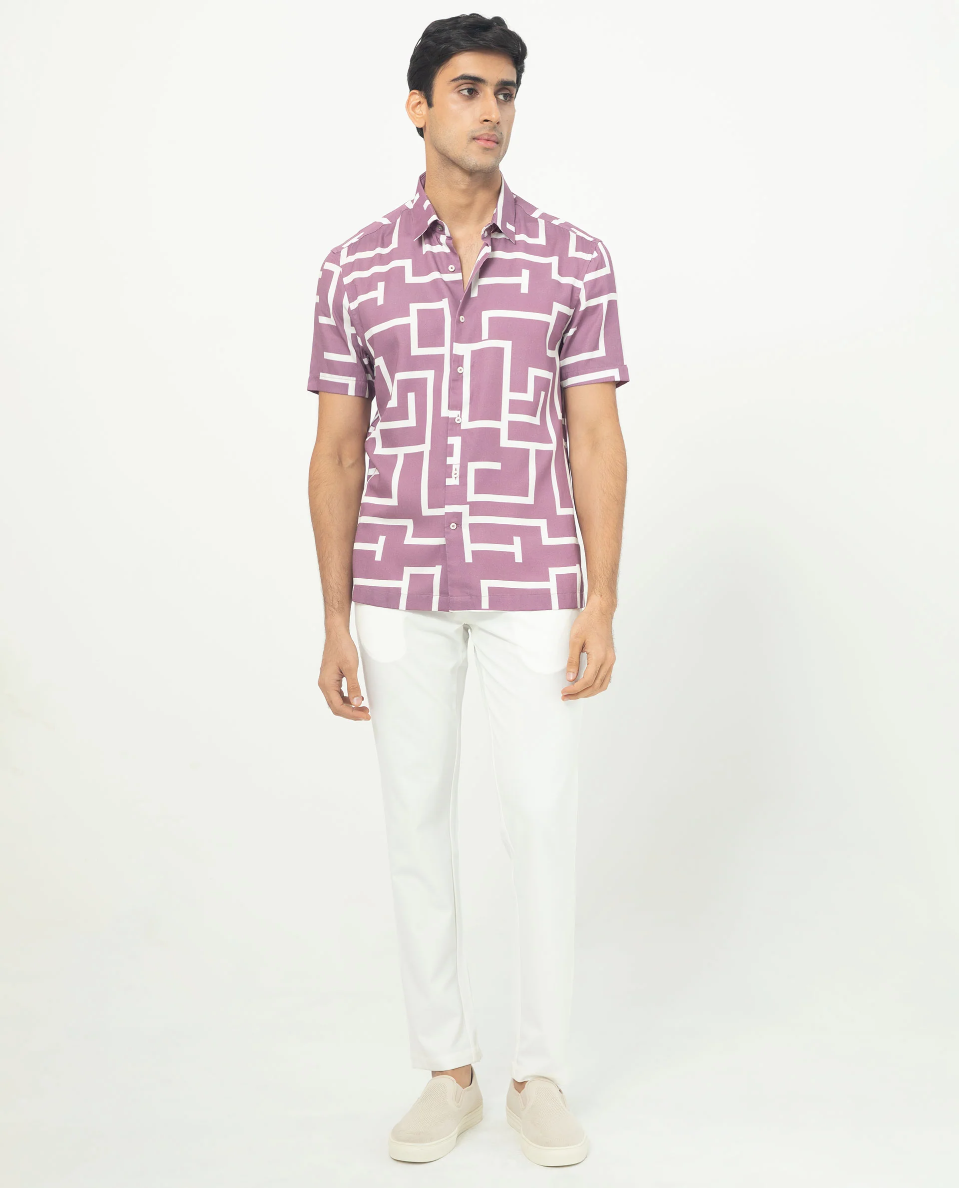 Rare Rabbit Men's Lugo Purple Cotton Geometric Print Regular Fit Half Sleeve Collared Shirt - Image 10