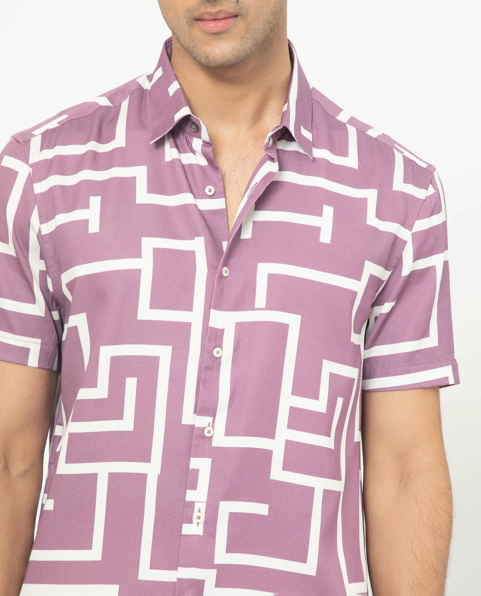 Rare Rabbit Men's Lugo Purple Cotton Geometric Print Regular Fit Half Sleeve Collared Shirt - Image 2