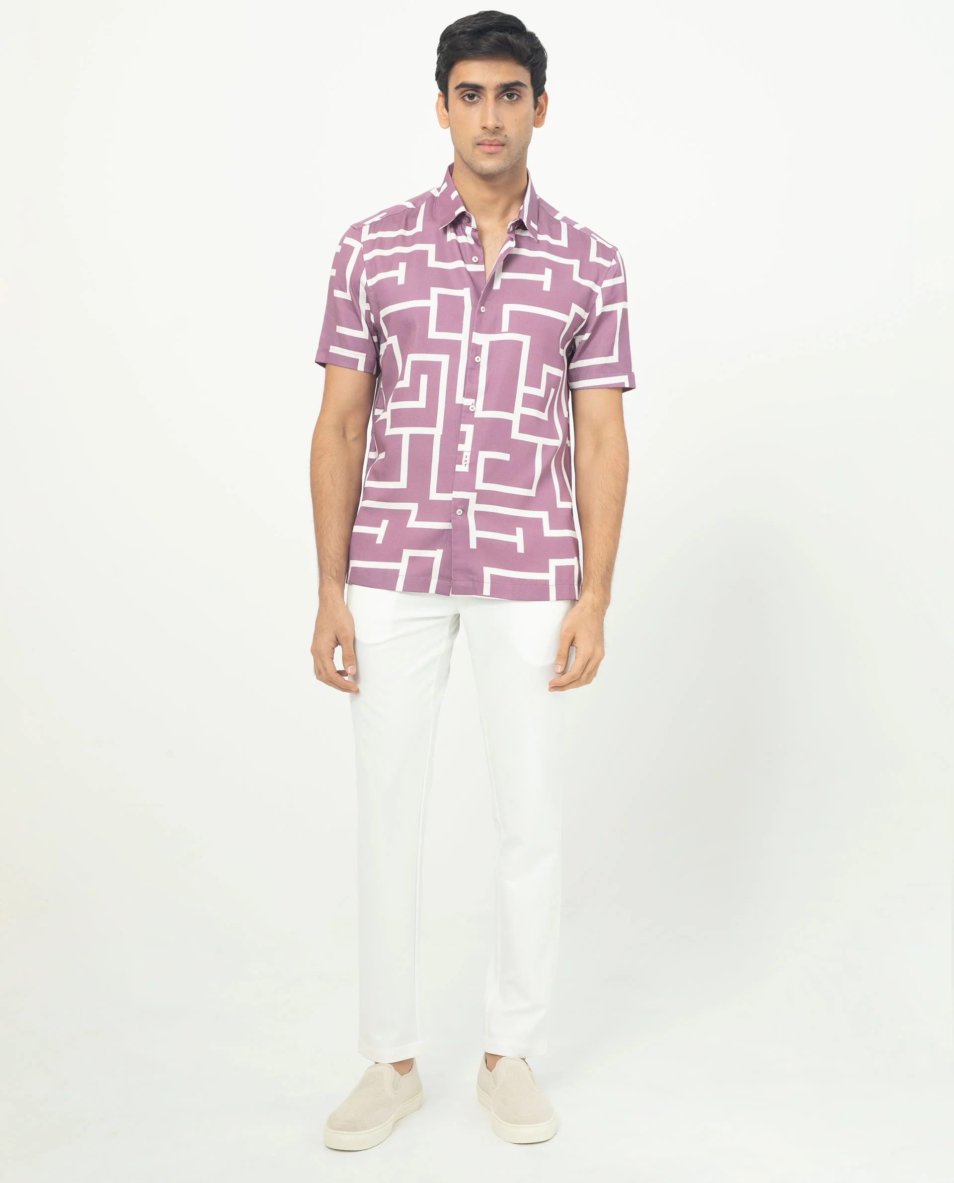 Rare Rabbit Men's Lugo Purple Cotton Geometric Print Regular Fit Half Sleeve Collared Shirt - Image 4
