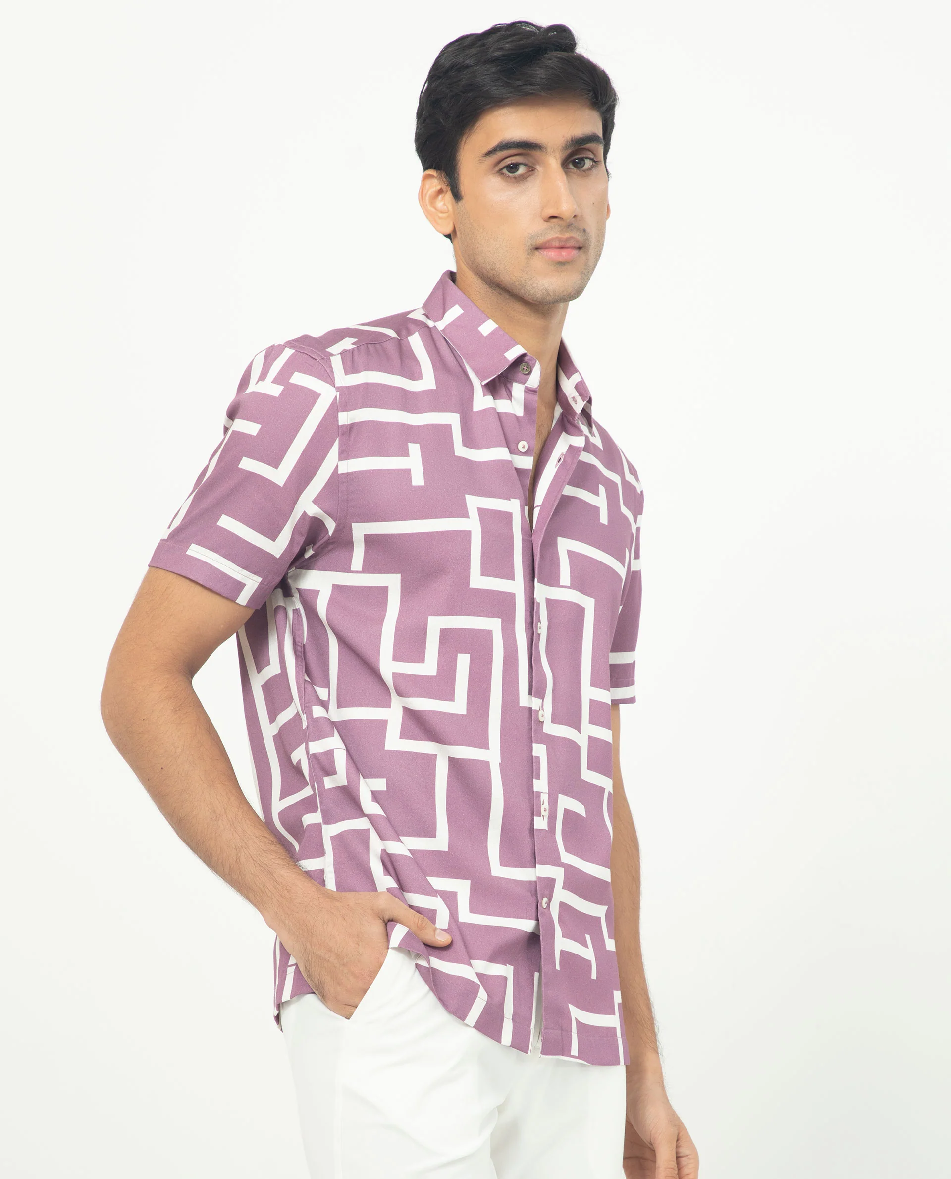 Rare Rabbit Men's Lugo Purple Cotton Geometric Print Regular Fit Half Sleeve Collared Shirt - Image 5