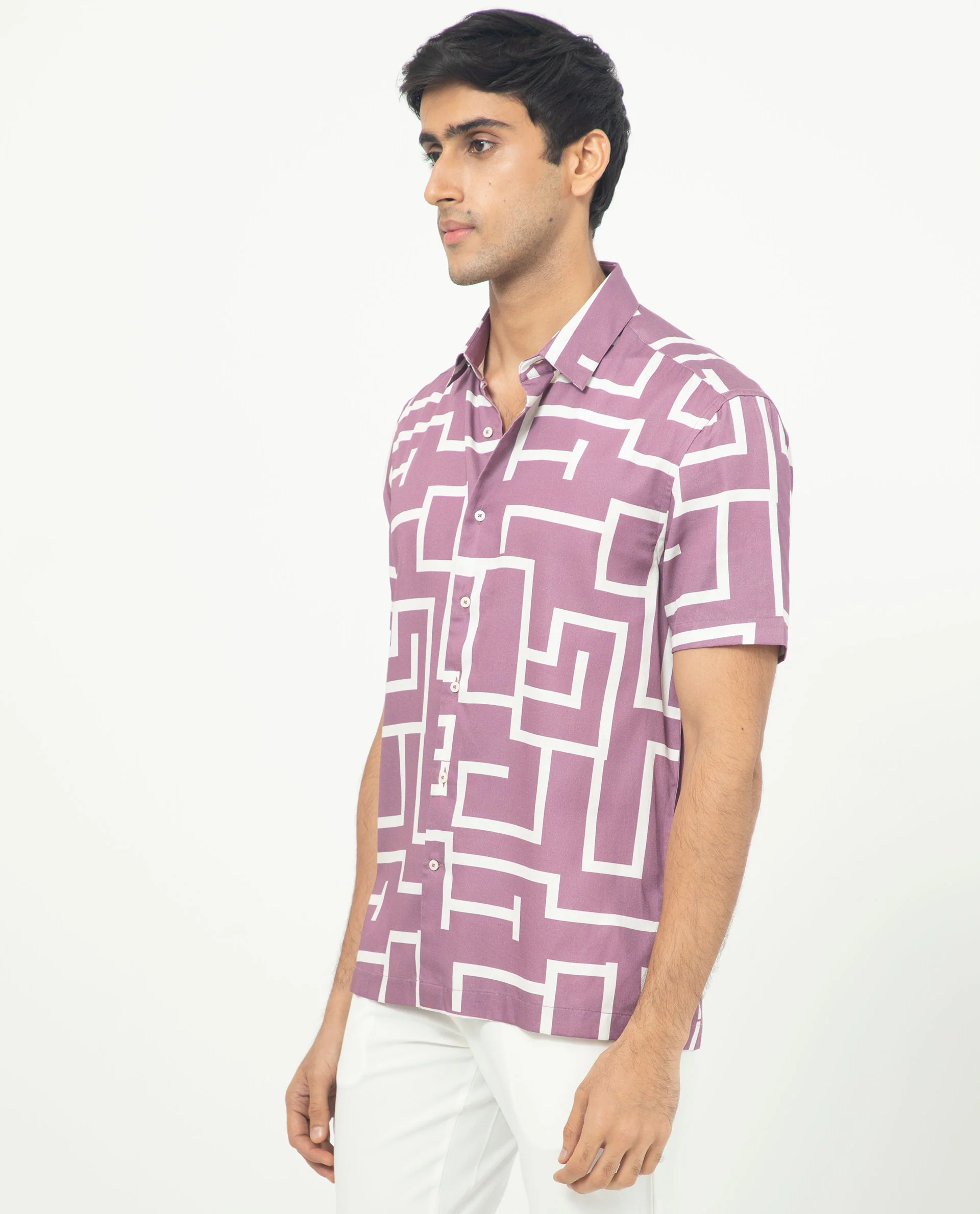 Rare Rabbit Men's Lugo Purple Cotton Geometric Print Regular Fit Half Sleeve Collared Shirt - Image 6