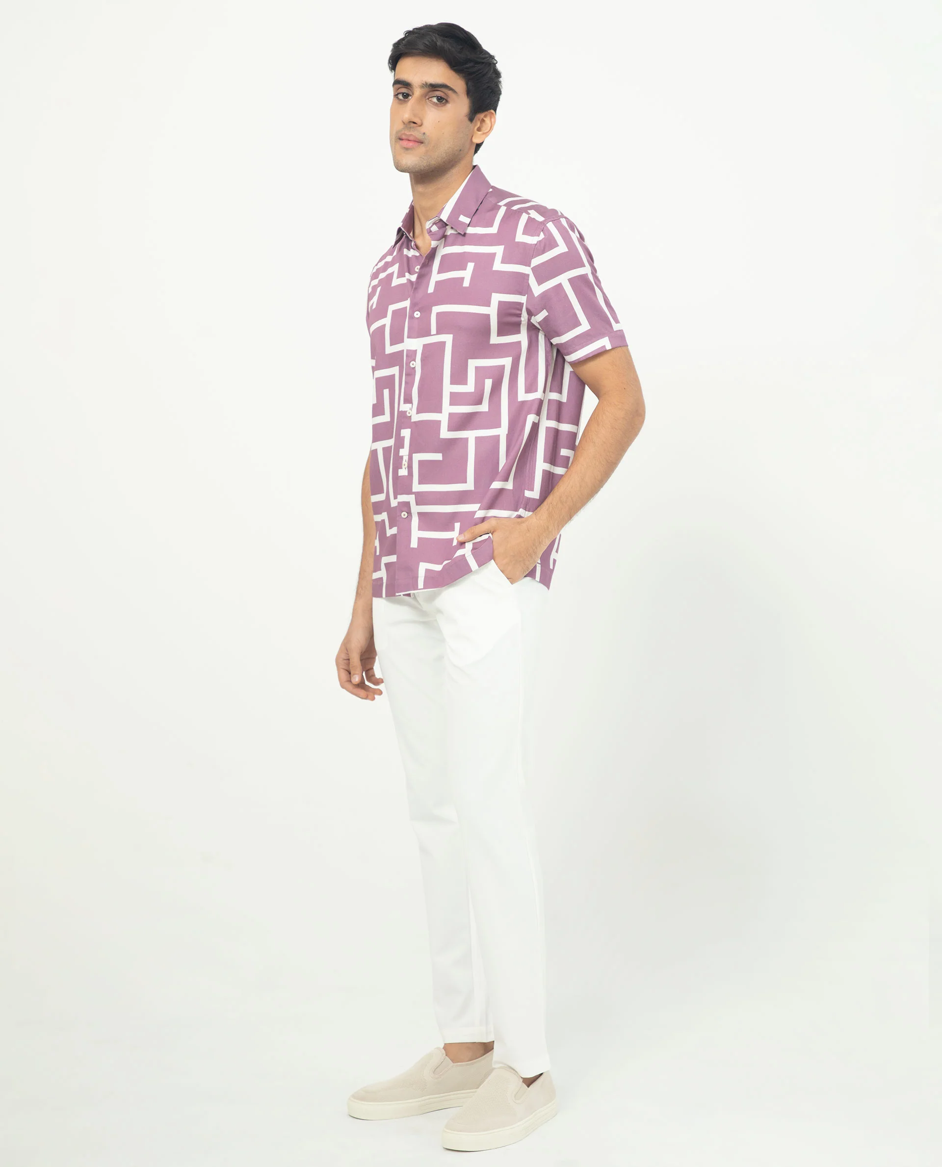 Rare Rabbit Men's Lugo Purple Cotton Geometric Print Regular Fit Half Sleeve Collared Shirt - Image 7