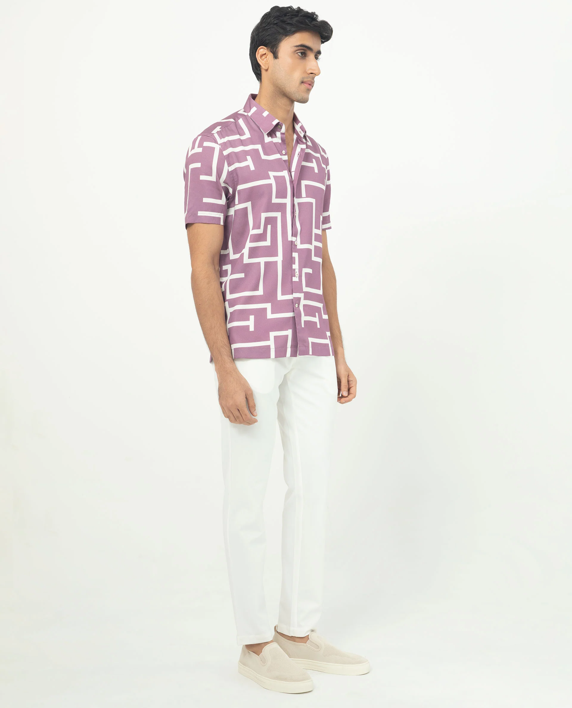 Rare Rabbit Men's Lugo Purple Cotton Geometric Print Regular Fit Half Sleeve Collared Shirt - Image 8