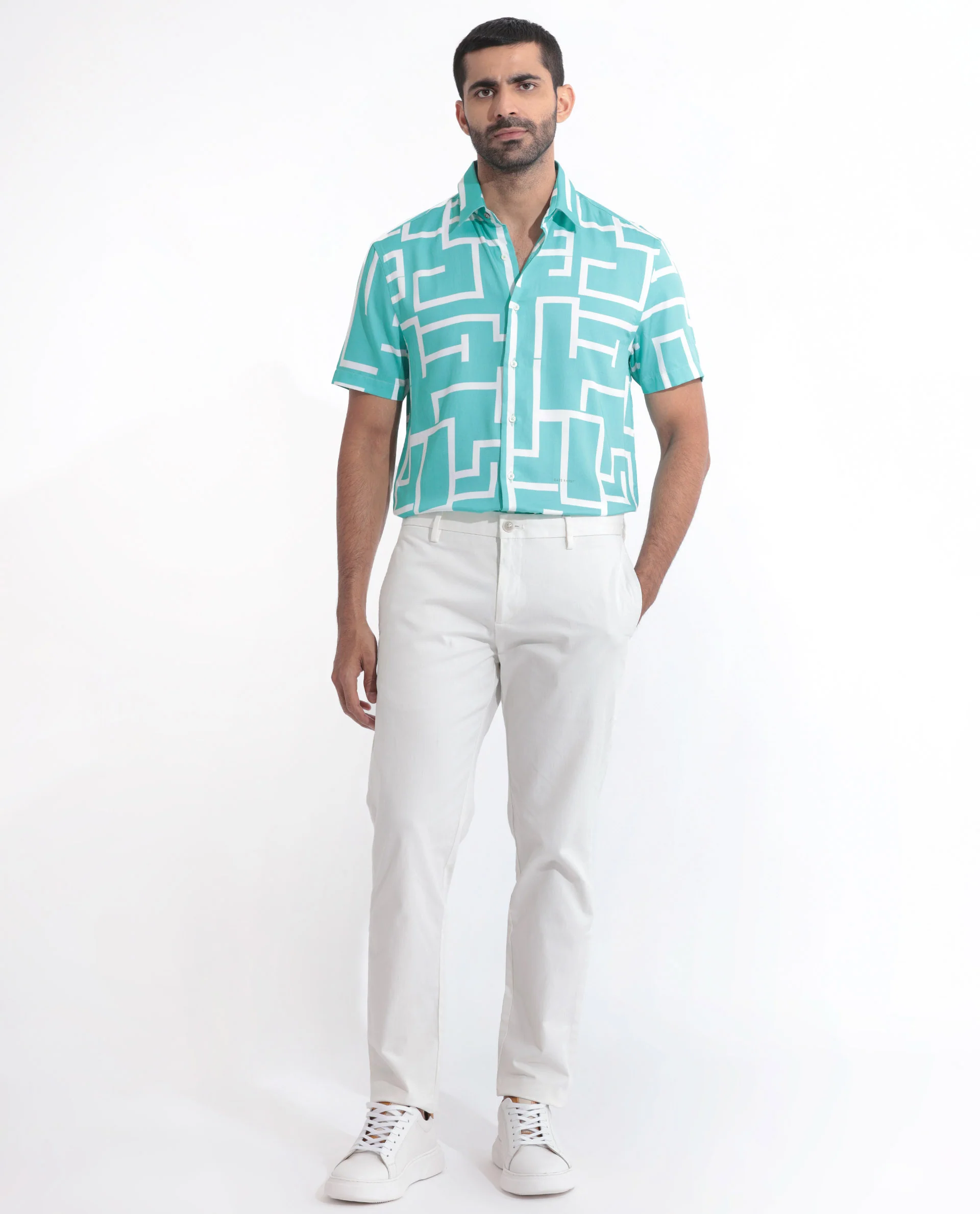 Rare Rabbit Men's Lugo Turq Cotton Geometric Print Regular Fit Half Sleeve Collared Shirt - Image 2