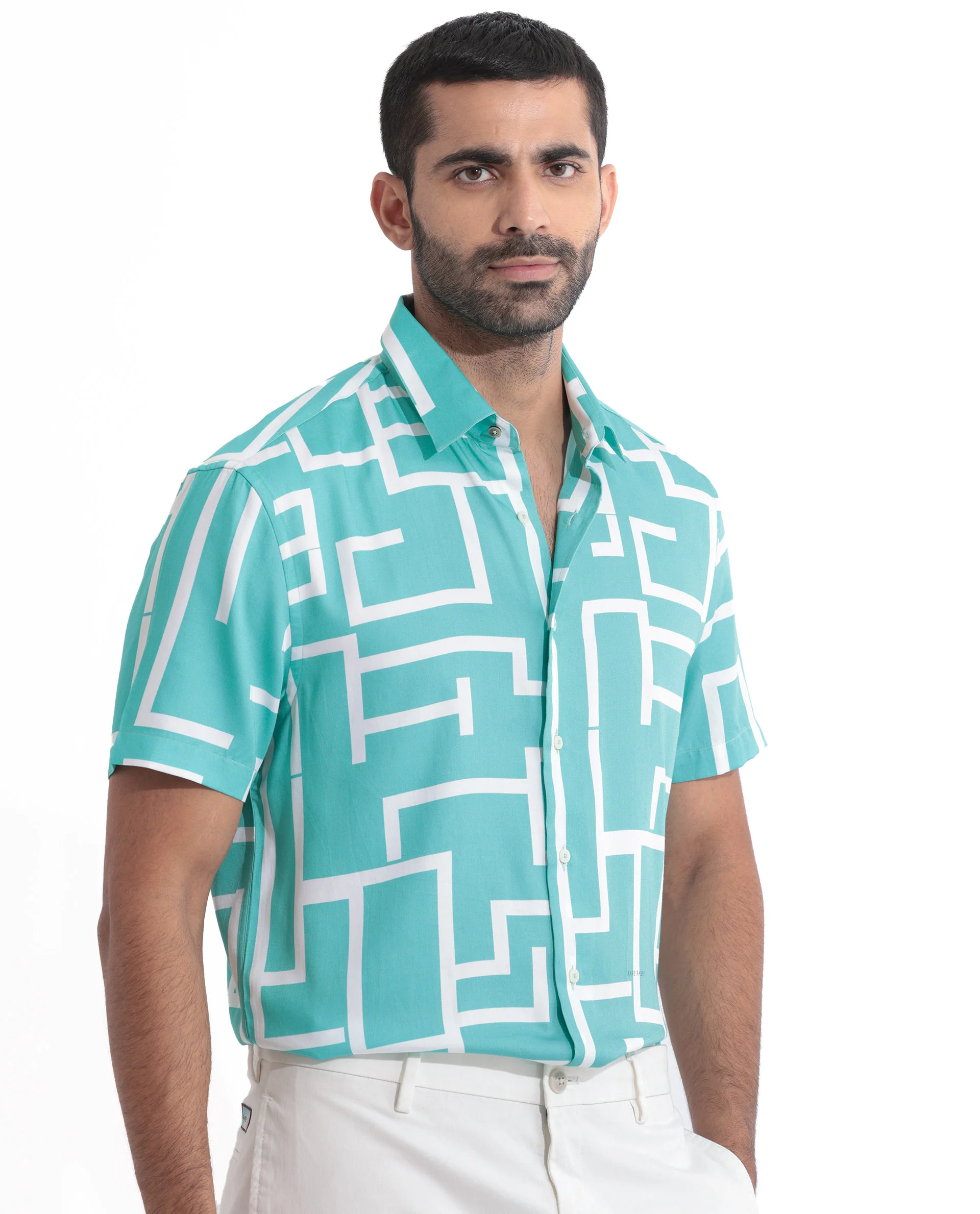 Rare Rabbit Men's Lugo Turq Cotton Geometric Print Regular Fit Half Sleeve Collared Shirt - Image 3