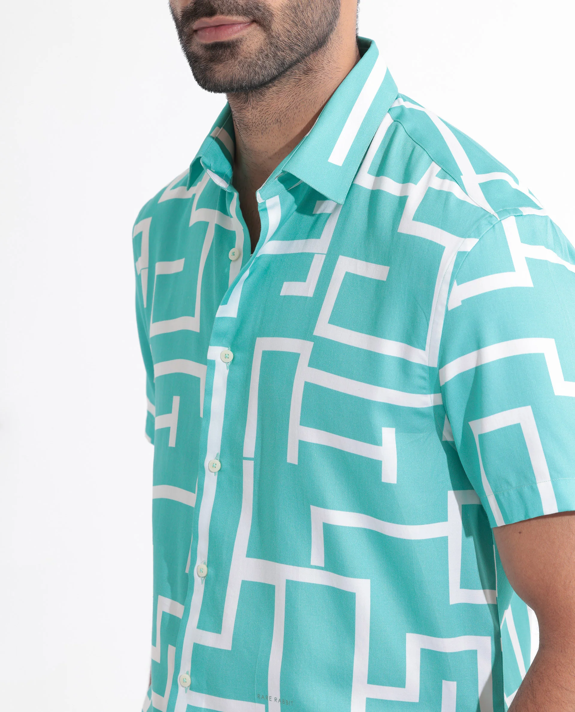 Rare Rabbit Men's Lugo Turq Cotton Geometric Print Regular Fit Half Sleeve Collared Shirt - Image 4