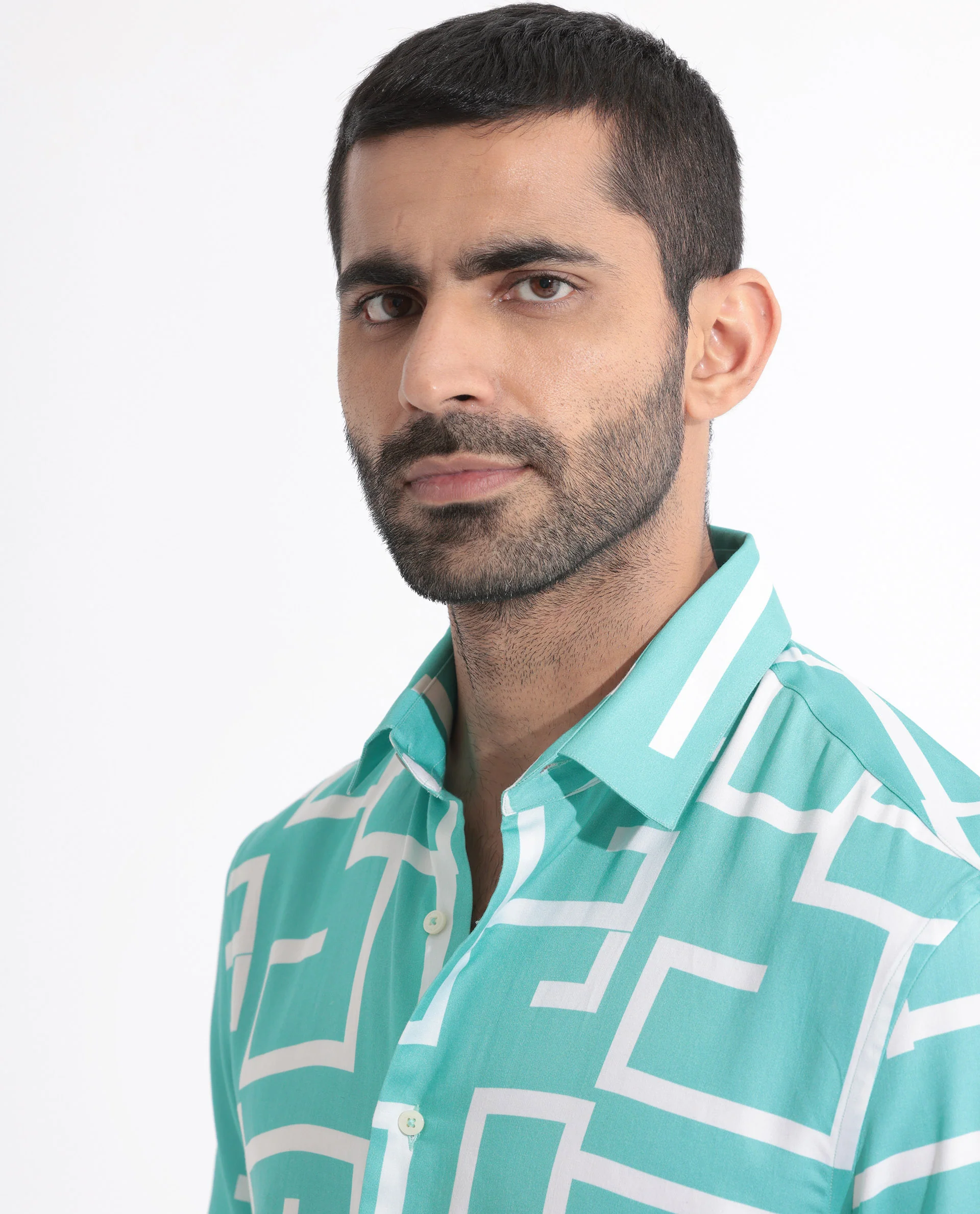 Rare Rabbit Men's Lugo Turq Cotton Geometric Print Regular Fit Half Sleeve Collared Shirt - Image 5
