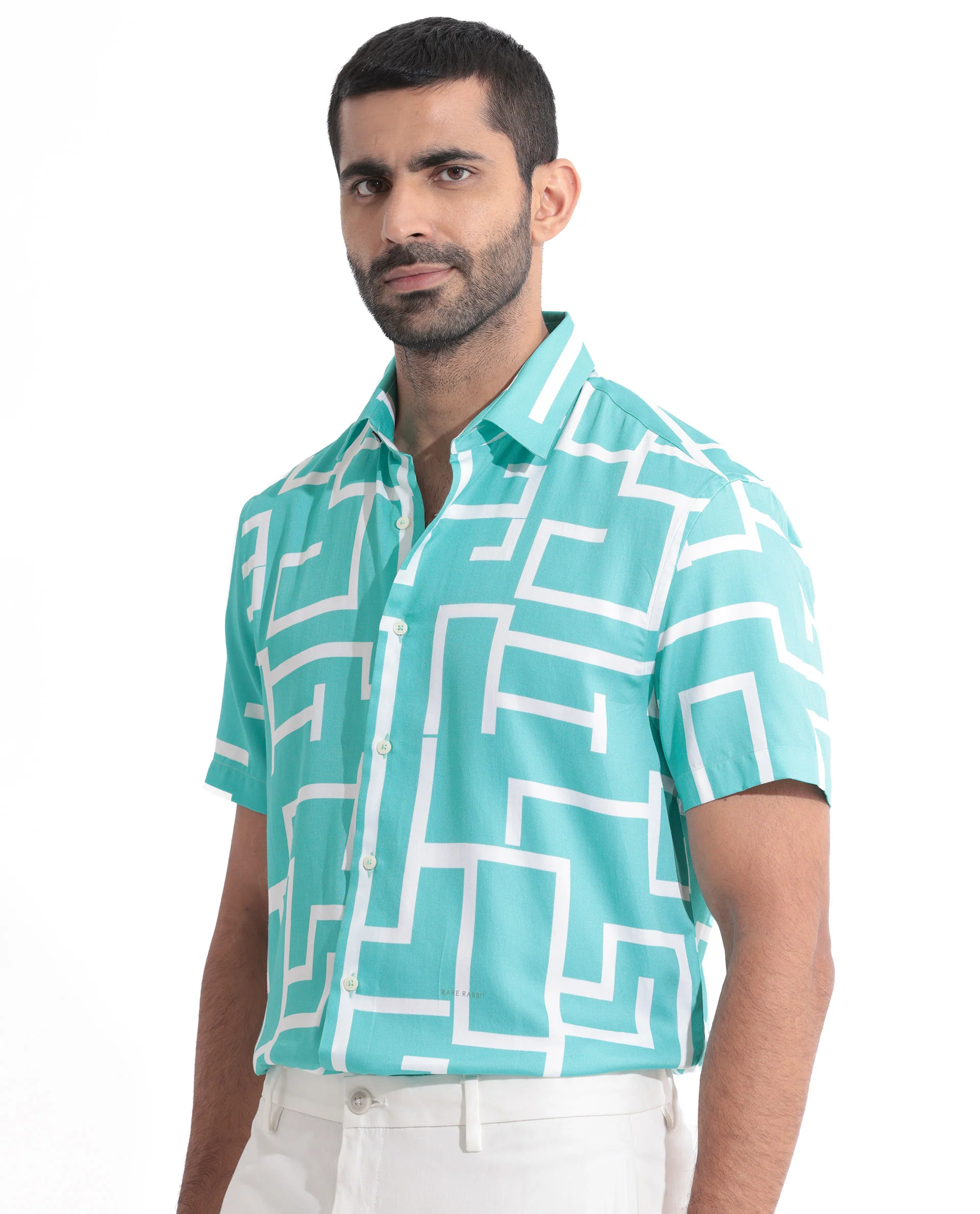 Rare Rabbit Men's Lugo Turq Cotton Geometric Print Regular Fit Half Sleeve Collared Shirt - Image 7