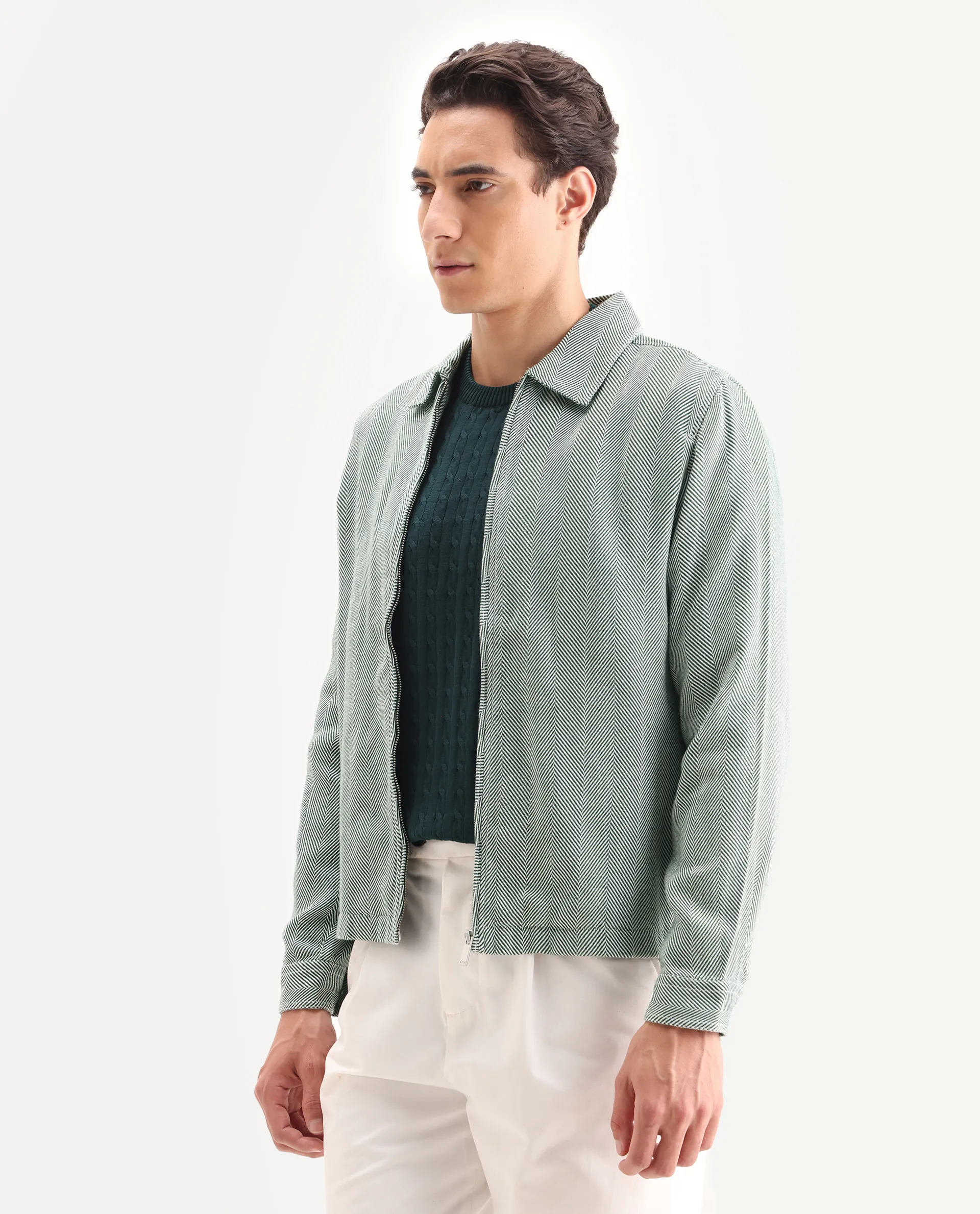 Rare Rabbit Men's Luha Green Polyester Blend Striped Print Regular Fit Full Sleeve Collared Shacket - Image 5