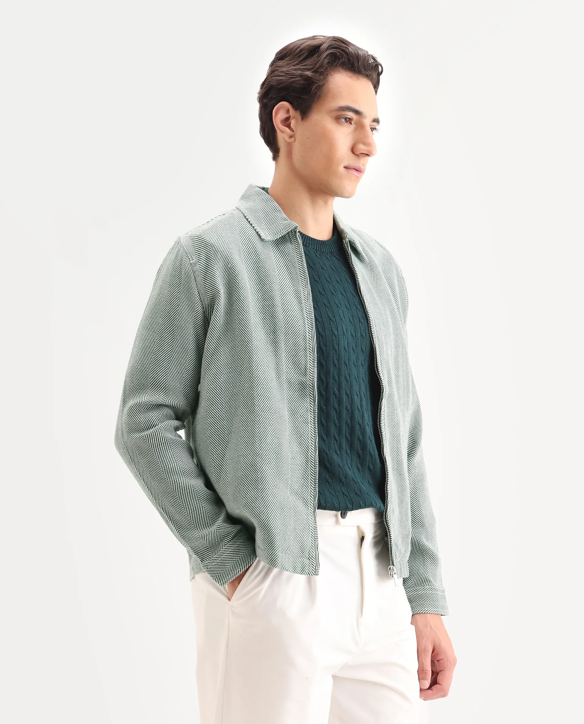 Rare Rabbit Men's Luha Green Polyester Blend Striped Print Regular Fit Full Sleeve Collared Shacket - Image 6