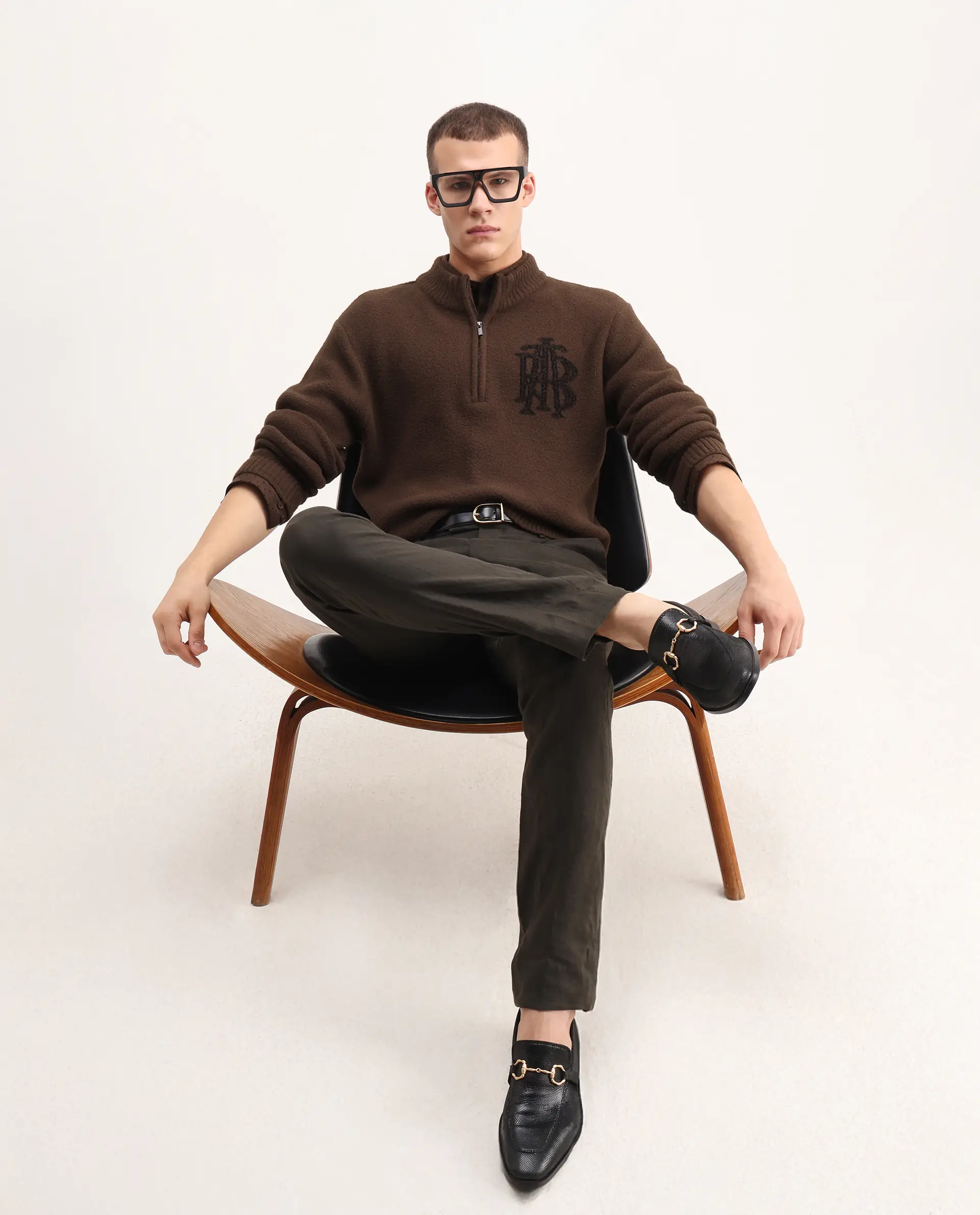 Rare Rabbit Men's Luke Dark Brown Cotton Plain Regular Fit Full Sleeve High Neck Sweater - Image 2