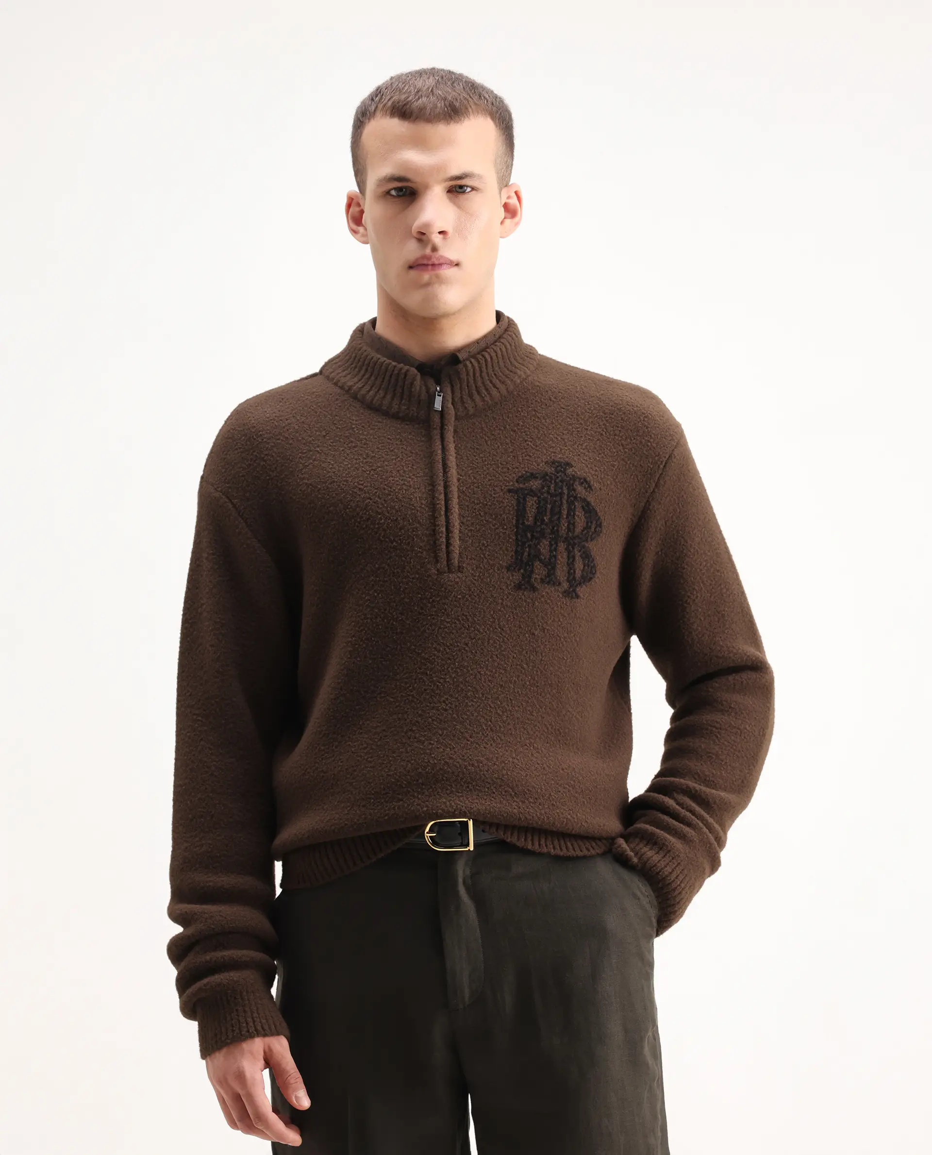 Rare Rabbit Men's Luke Dark Brown Cotton Plain Regular Fit Full Sleeve High Neck Sweater - Image 4