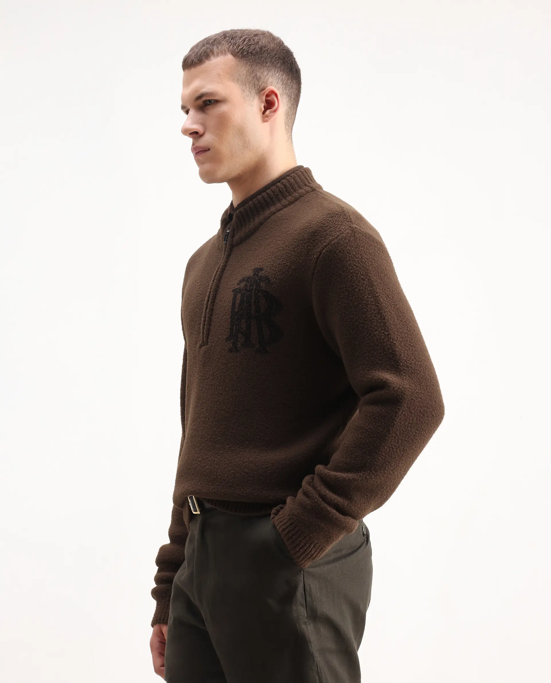 Rare Rabbit Men's Luke Dark Brown Cotton Plain Regular Fit Full Sleeve High Neck Sweater - Image 5