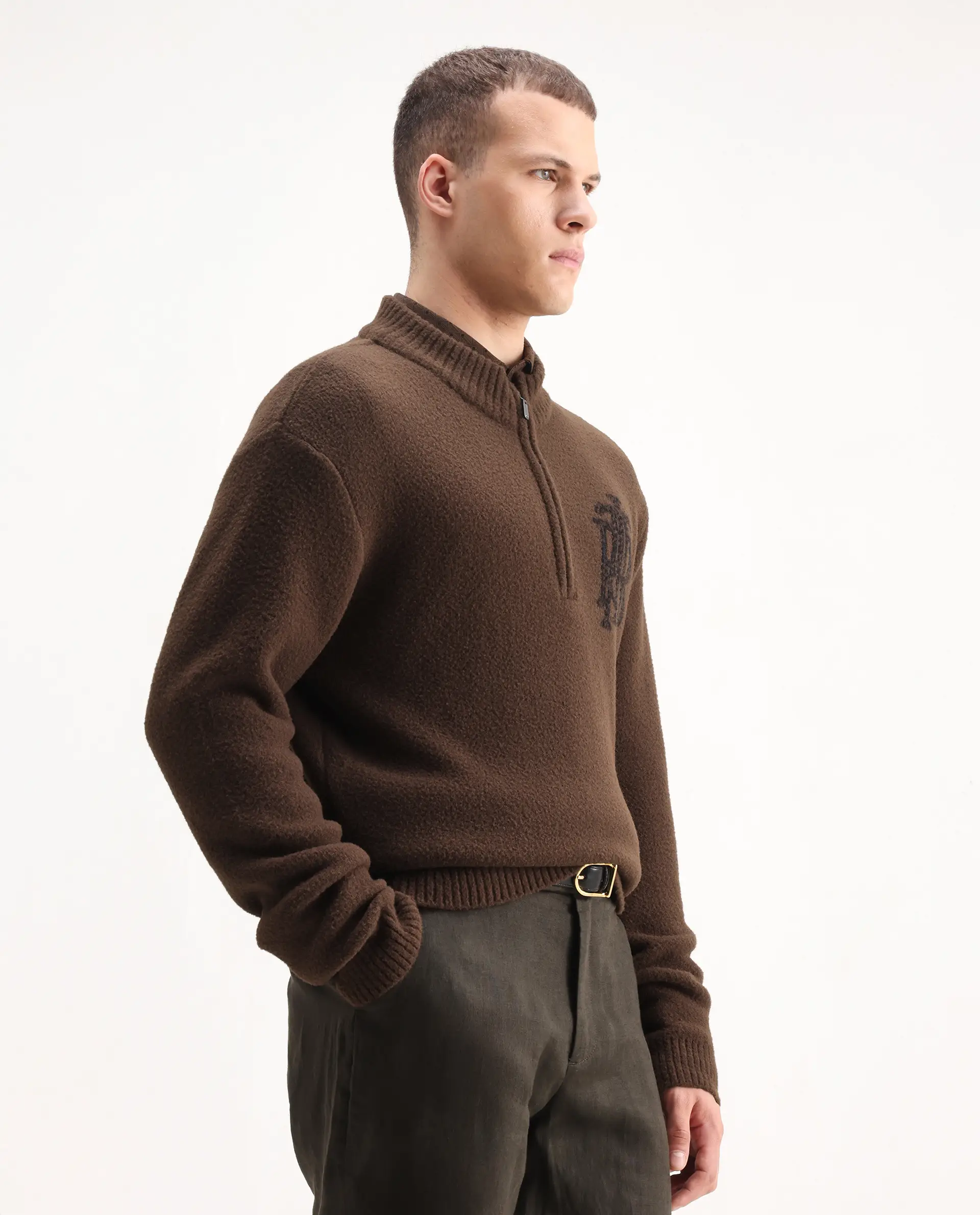Rare Rabbit Men's Luke Dark Brown Cotton Plain Regular Fit Full Sleeve High Neck Sweater - Image 6