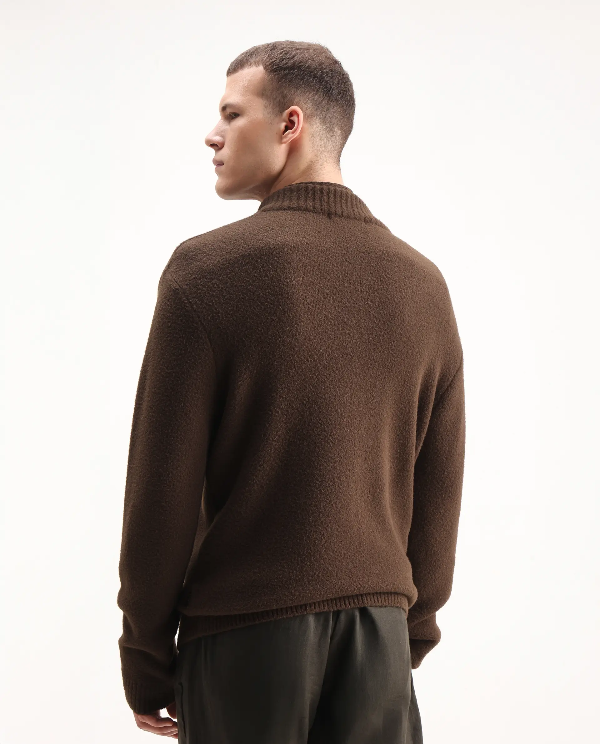 Rare Rabbit Men's Luke Dark Brown Cotton Plain Regular Fit Full Sleeve High Neck Sweater - Image 7