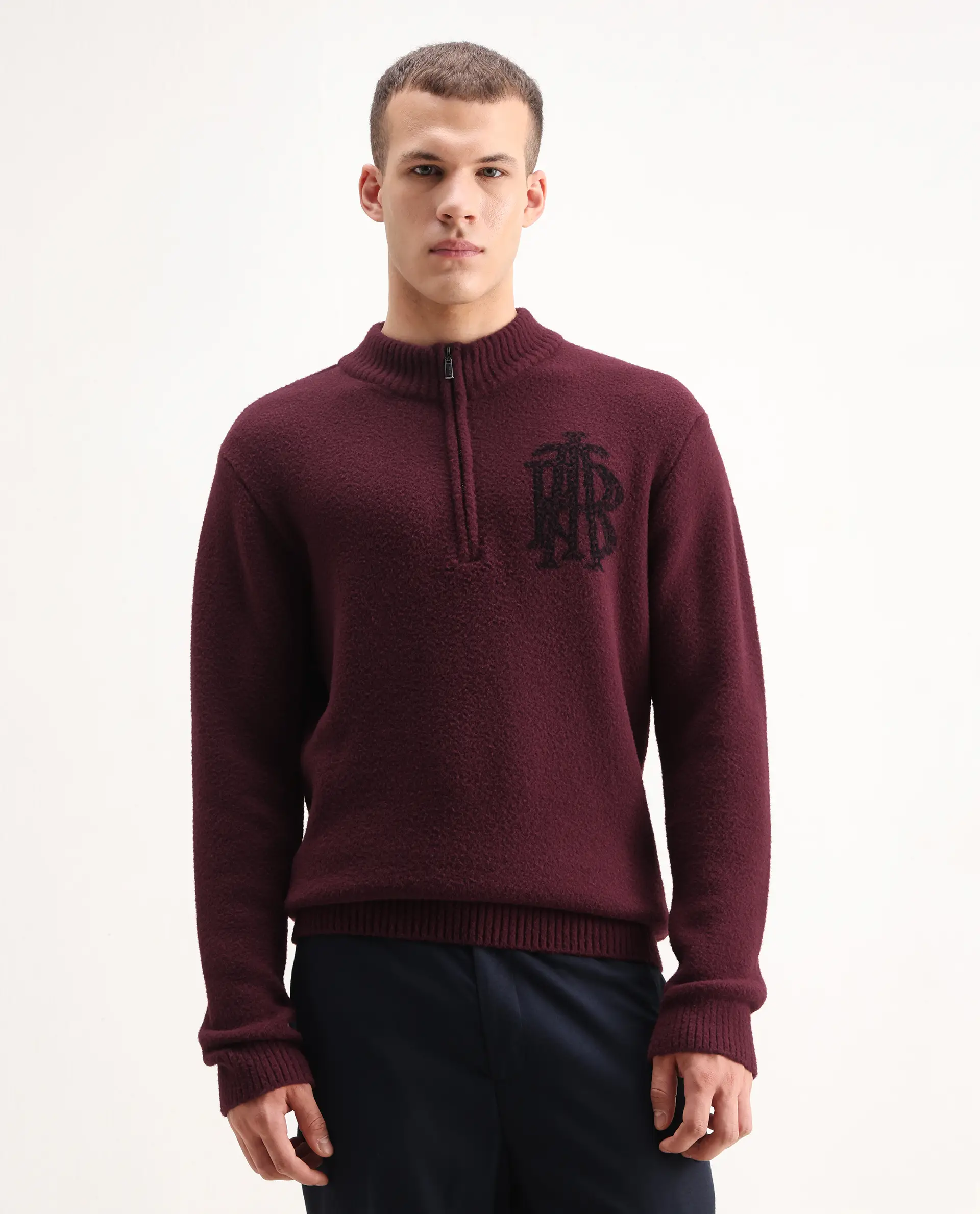 Rare Rabbit Men's Luke Dark Maroon Cotton Plain Regular Fit Full Sleeve High Neck Sweater - Image 4