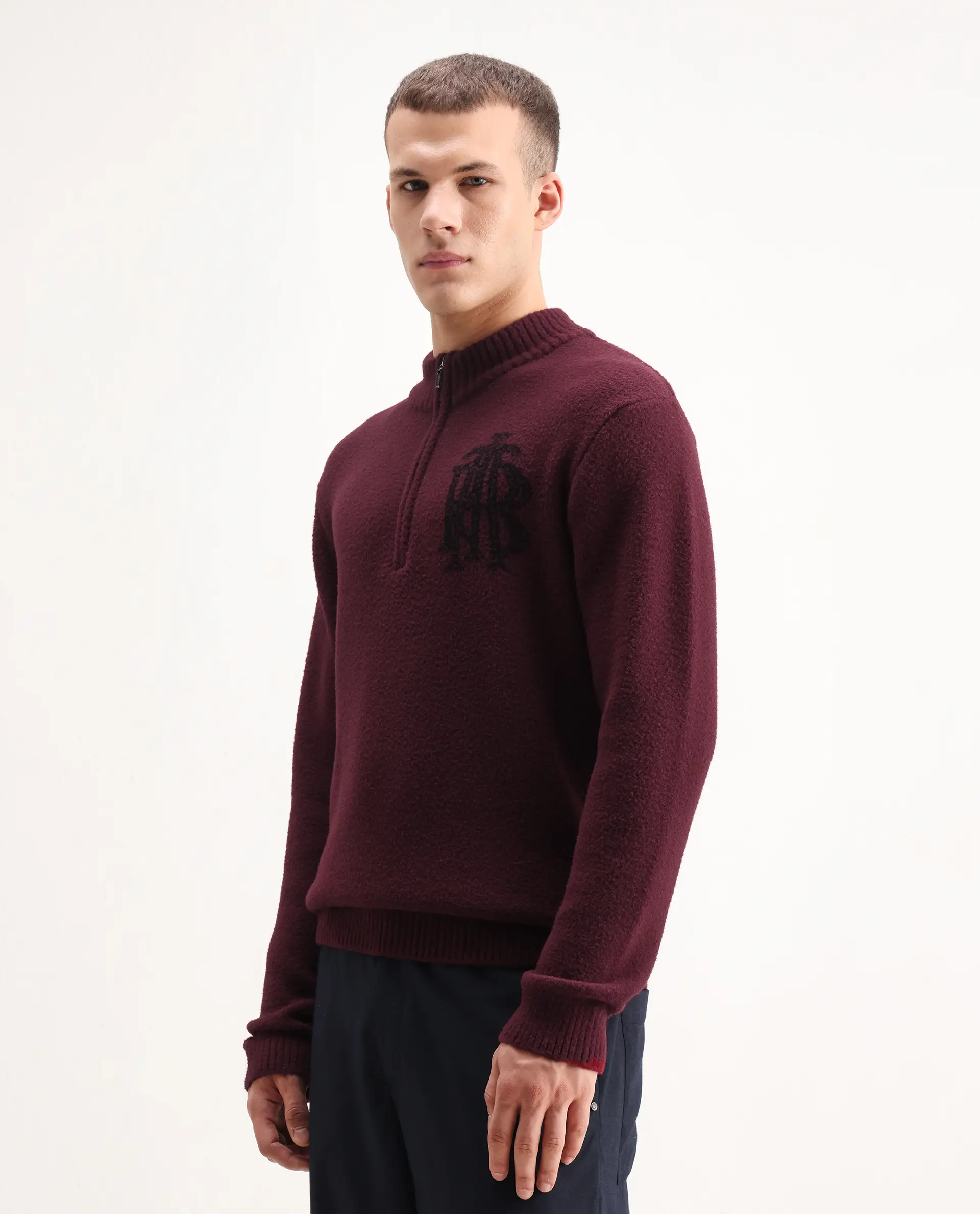 Rare Rabbit Men's Luke Dark Maroon Cotton Plain Regular Fit Full Sleeve High Neck Sweater - Image 5
