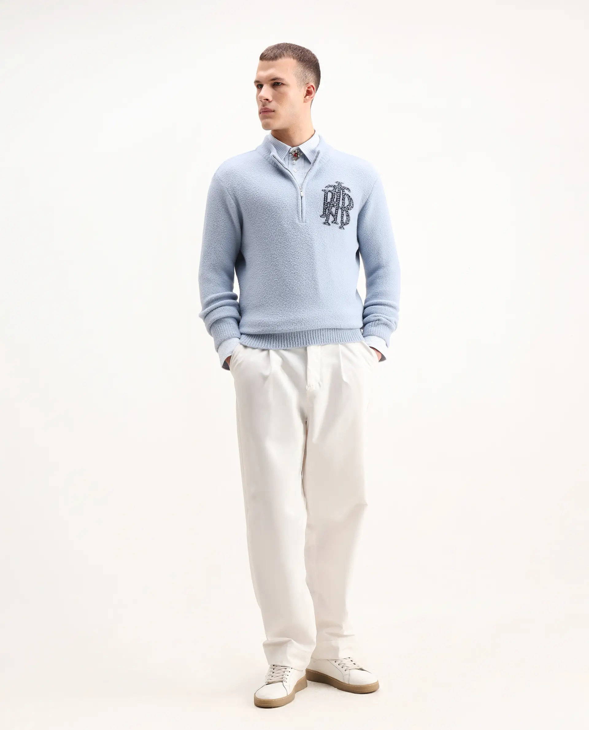 Rare Rabbit Men's Luke Pastel Blue Nylon Plain Regular Fit Full Sleeve High Neck Sweater - Image 2