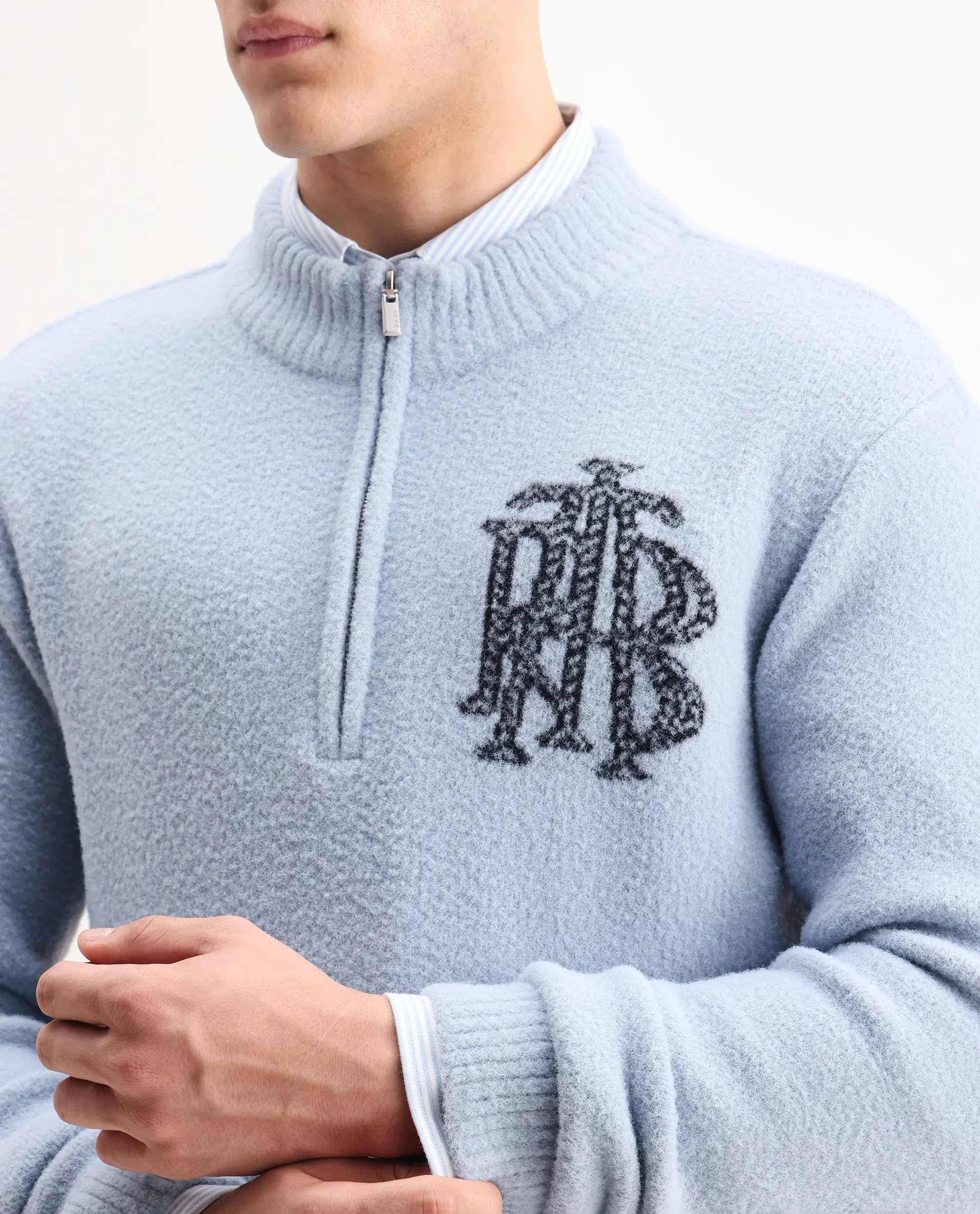 Rare Rabbit Men's Luke Pastel Blue Nylon Plain Regular Fit Full Sleeve High Neck Sweater - Image 4