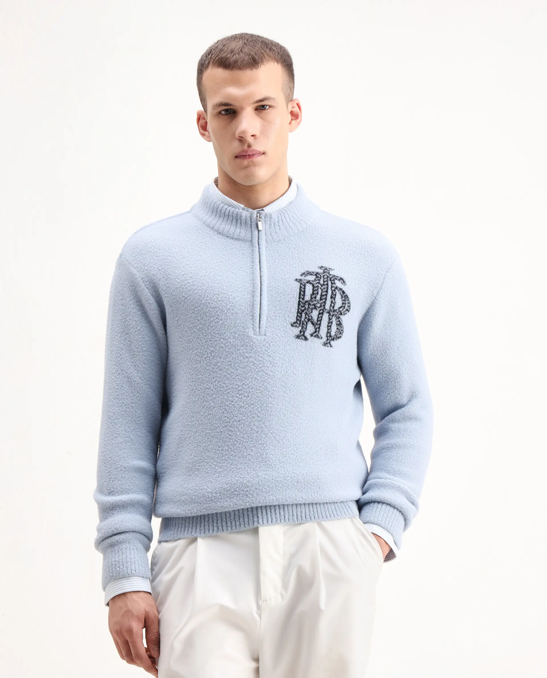 Rare Rabbit Men's Luke Pastel Blue Nylon Plain Regular Fit Full Sleeve High Neck Sweater - Image 5