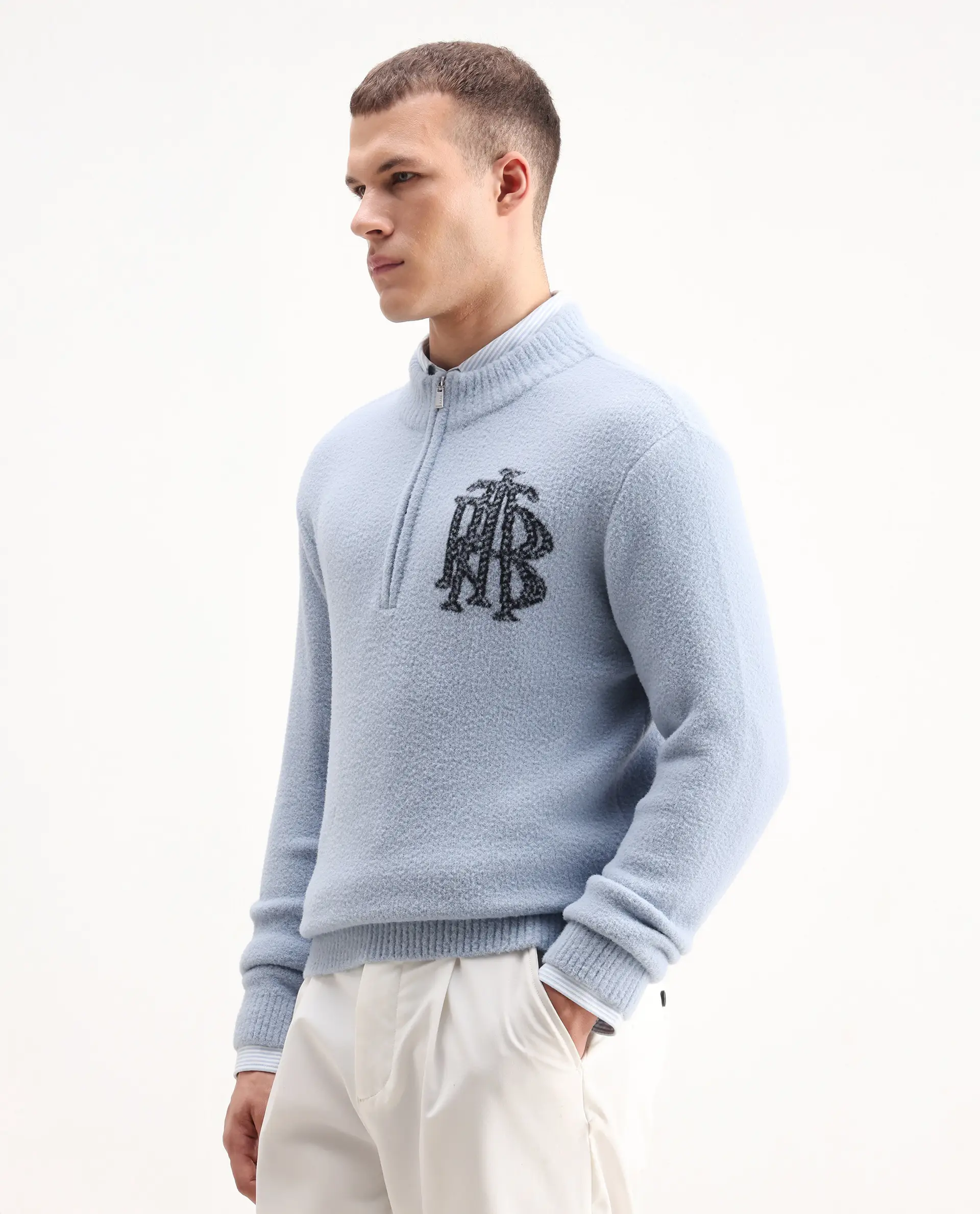Rare Rabbit Men's Luke Pastel Blue Nylon Plain Regular Fit Full Sleeve High Neck Sweater - Image 6