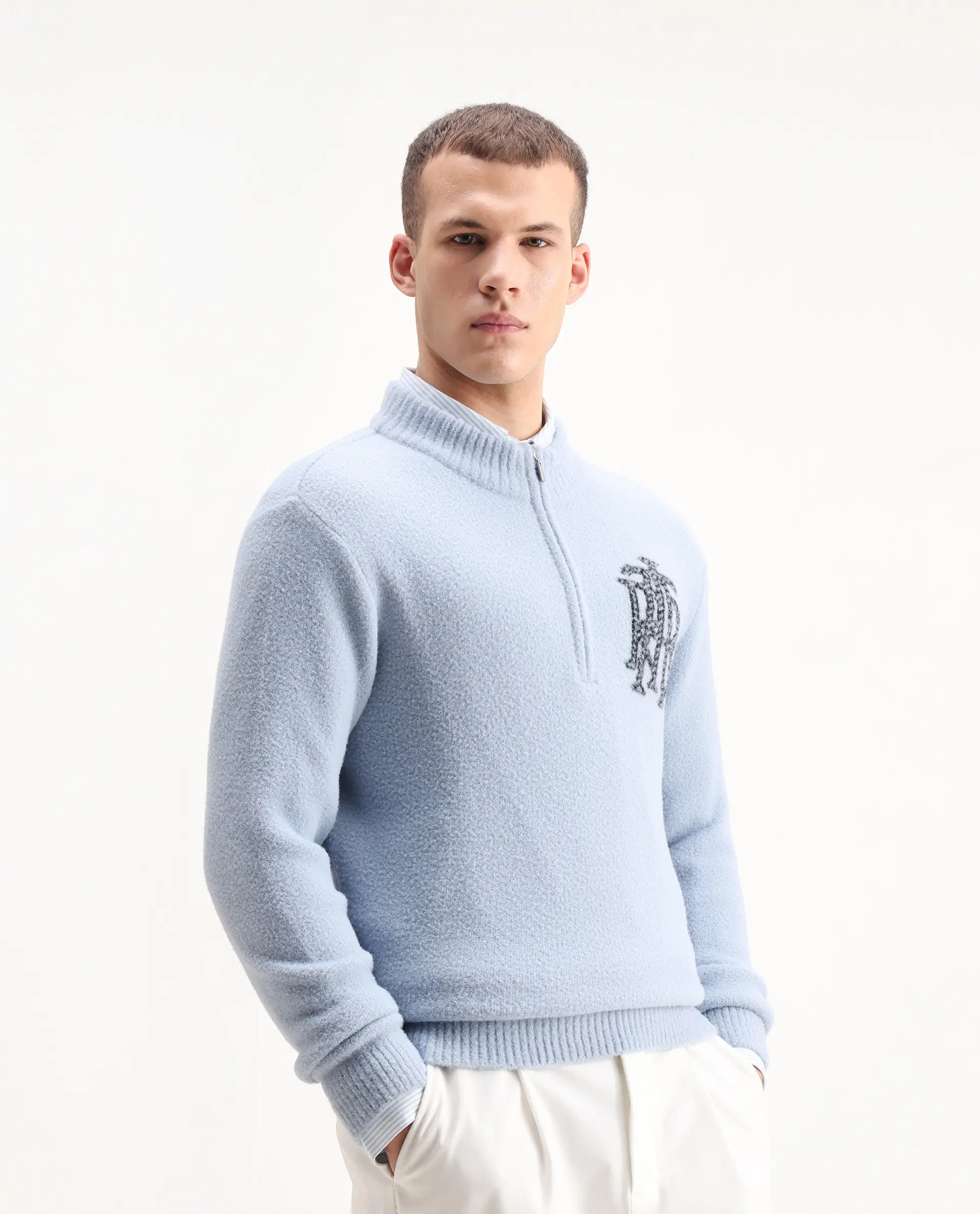 Rare Rabbit Men's Luke Pastel Blue Nylon Plain Regular Fit Full Sleeve High Neck Sweater - Image 7