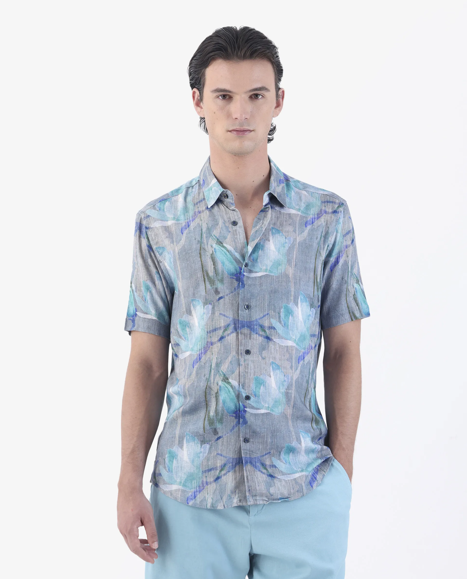 Rare Rabbit Men's Luken Blue 100% Linen Floral Print Regular Fit Half Sleeve Collared Shirt - Image 2